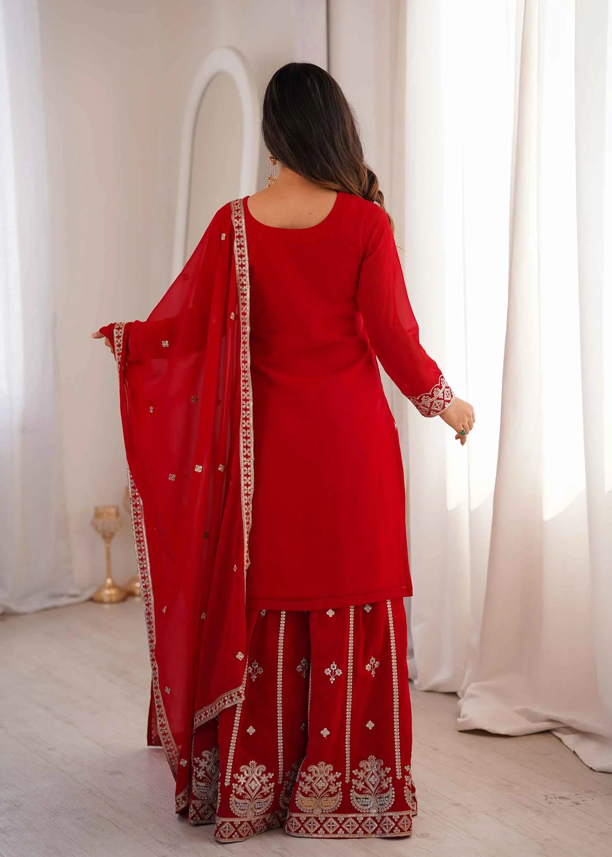 Red Embroidered Georgette Sharara Set
