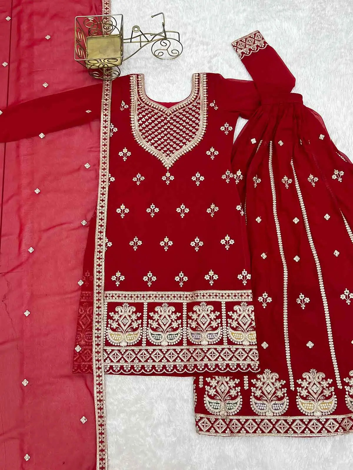 Red Embroidered Georgette Sharara Set