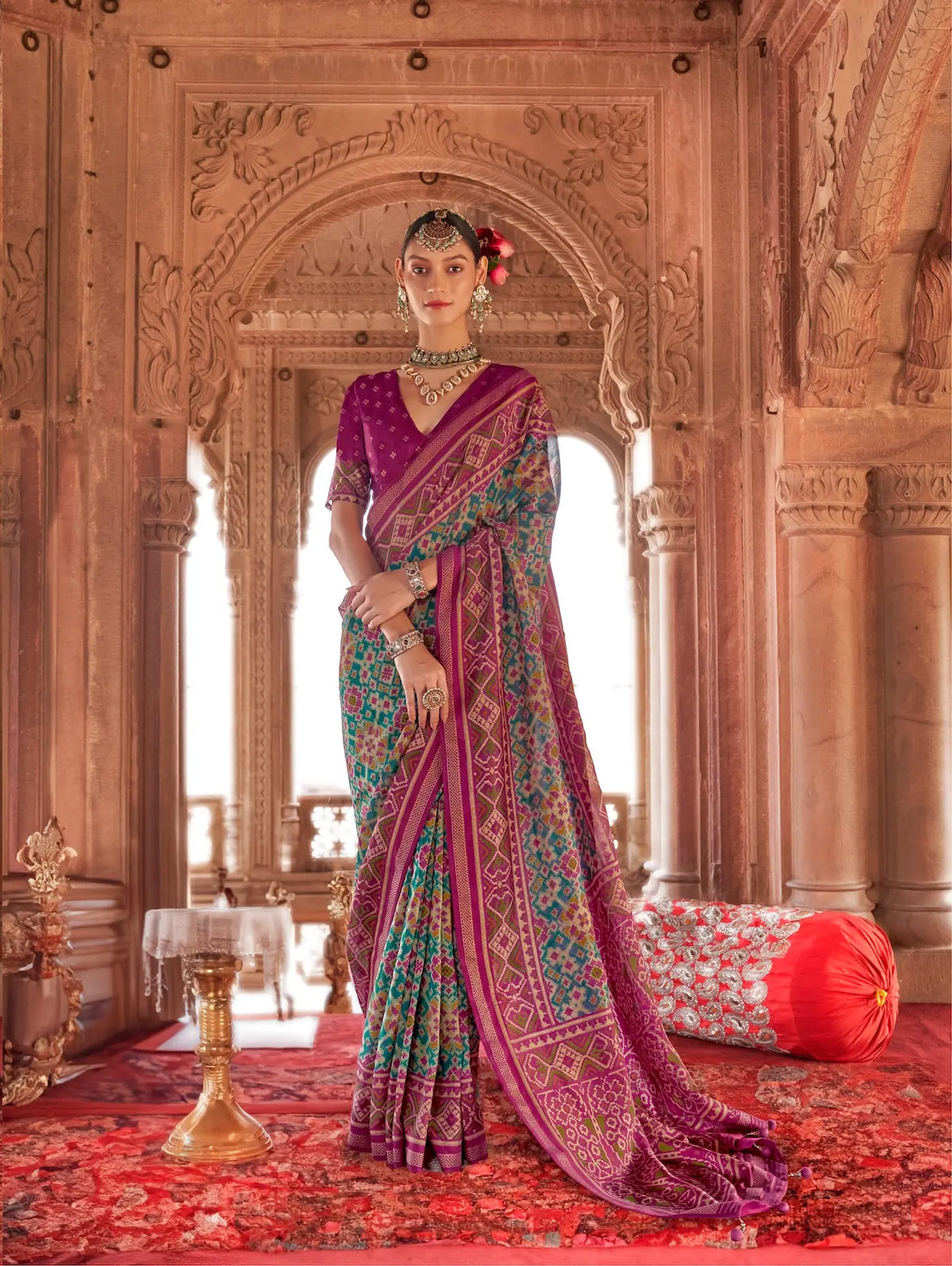Teal Blue Georgette Patola Saree