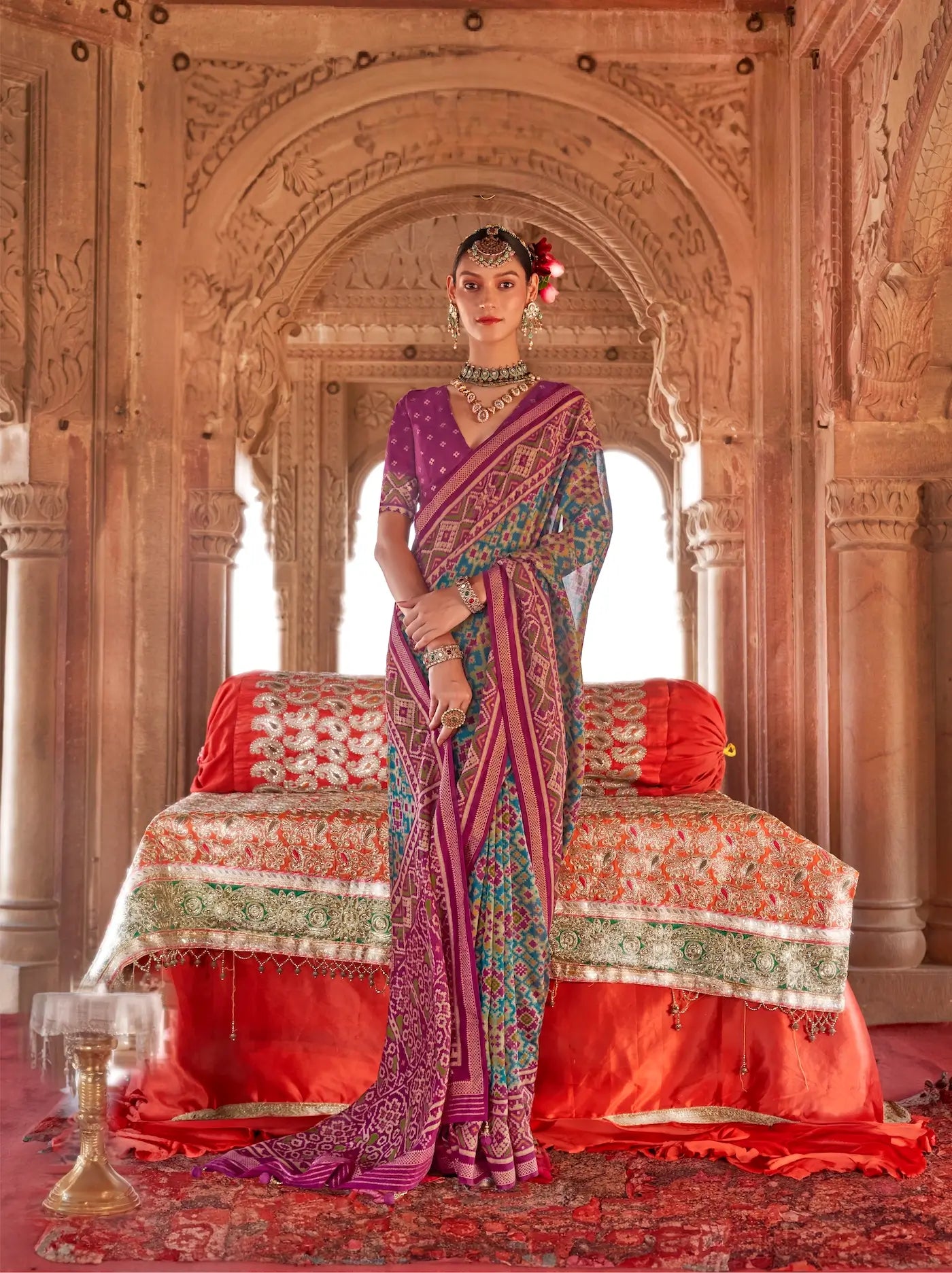 Teal Blue Georgette Patola Saree
