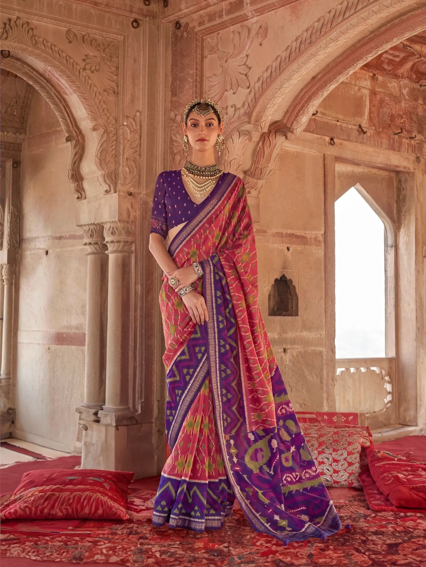 Peach Pink Georgette Patola Saree