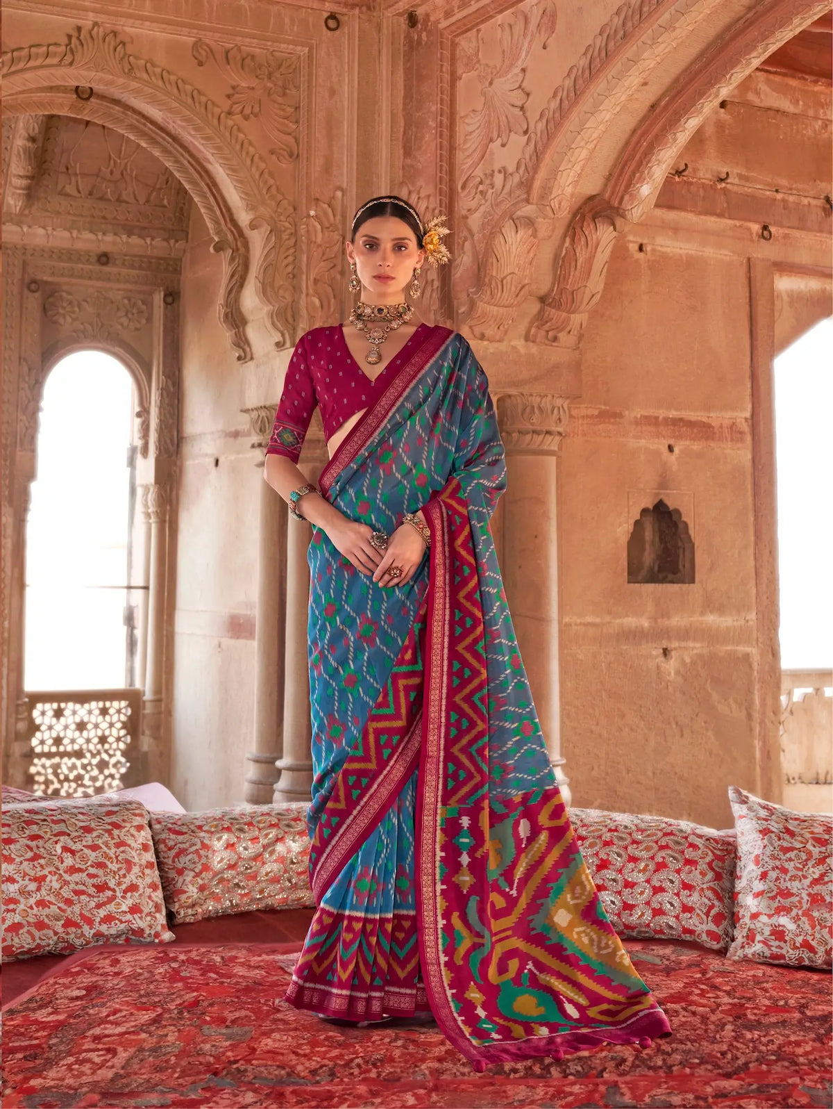 Dusky Blue Georgette Patola Saree