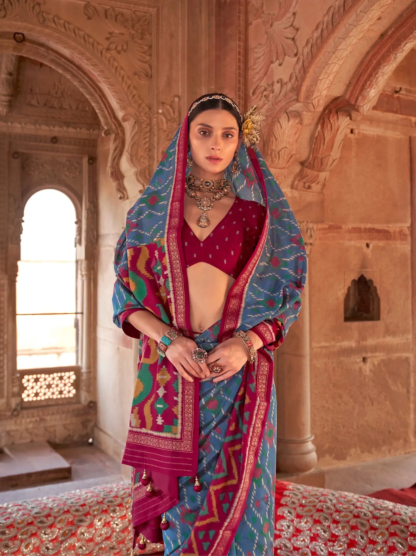 Dusky Blue Georgette Patola Saree