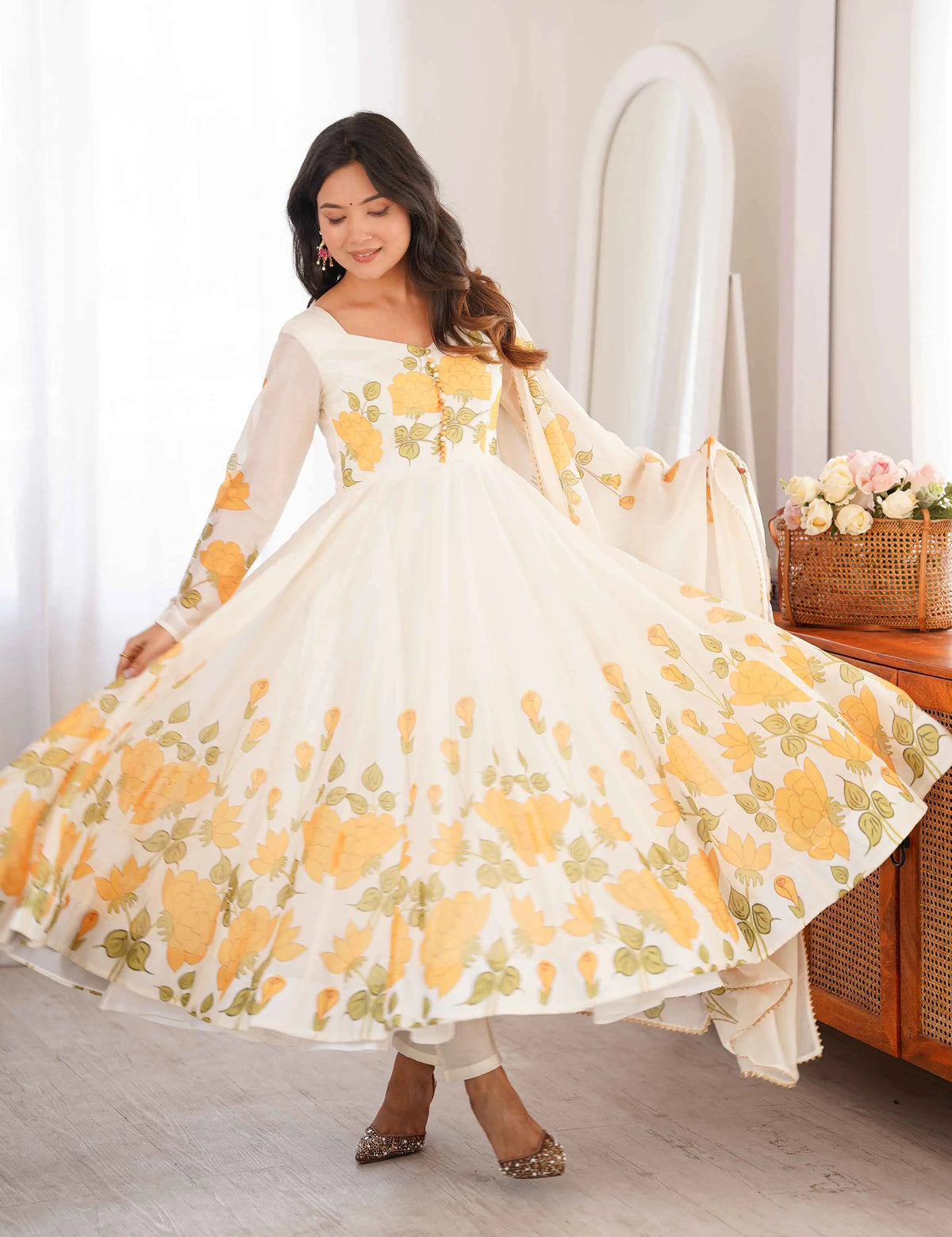 Yellow Organza Floral Print Gown Dupatta