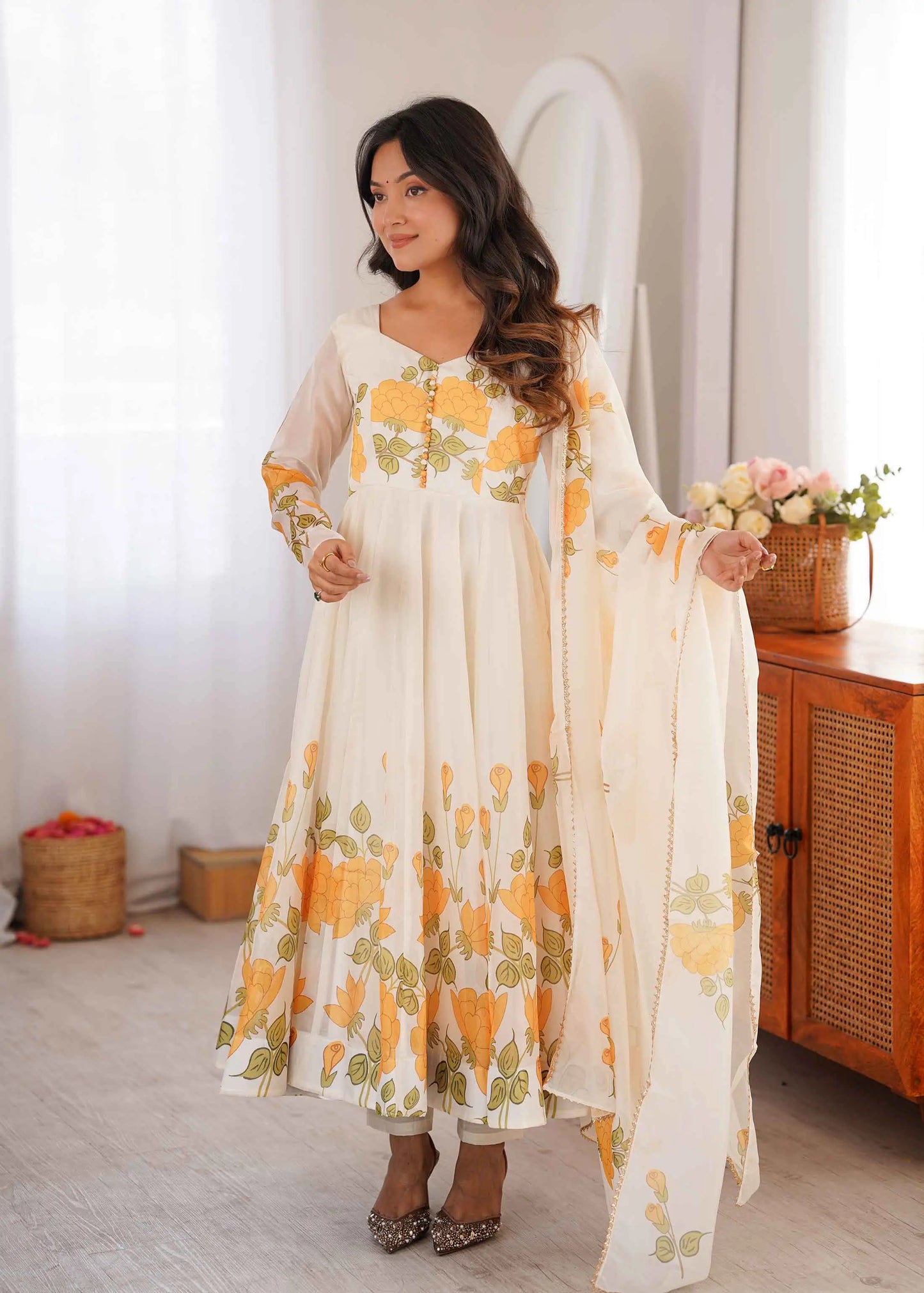 Yellow Organza Floral Print Gown Dupatta