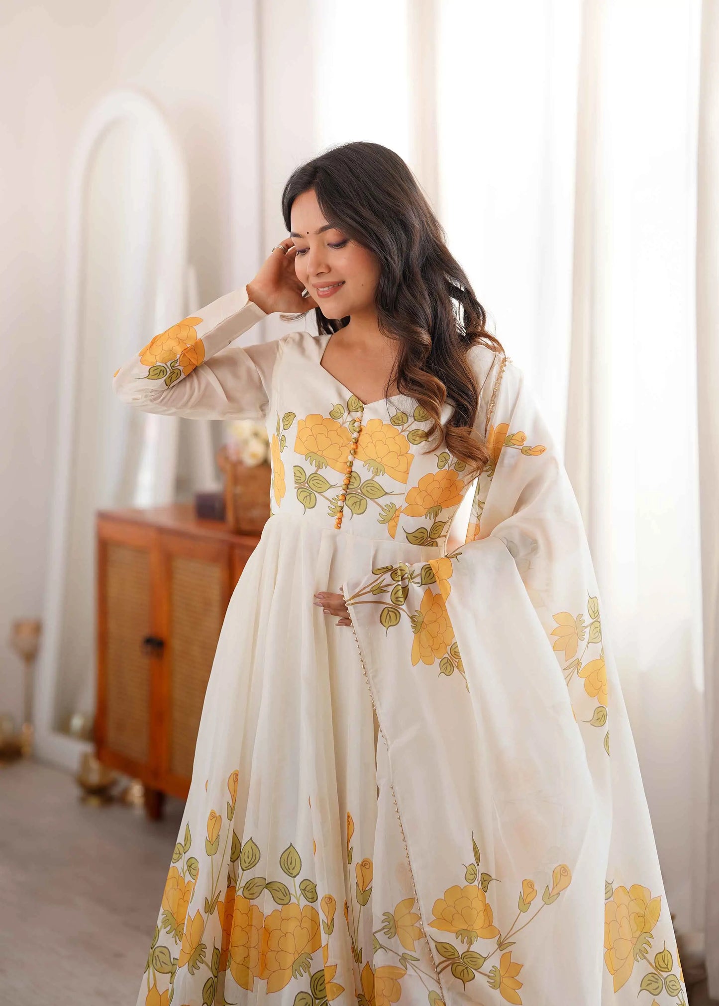 Yellow Organza Floral Print Gown Dupatta