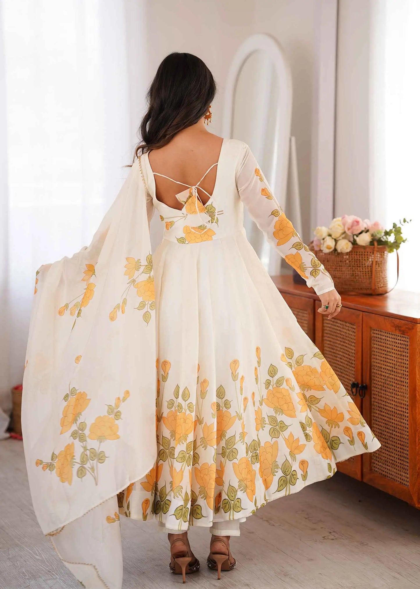 Yellow Organza Floral Print Gown Dupatta
