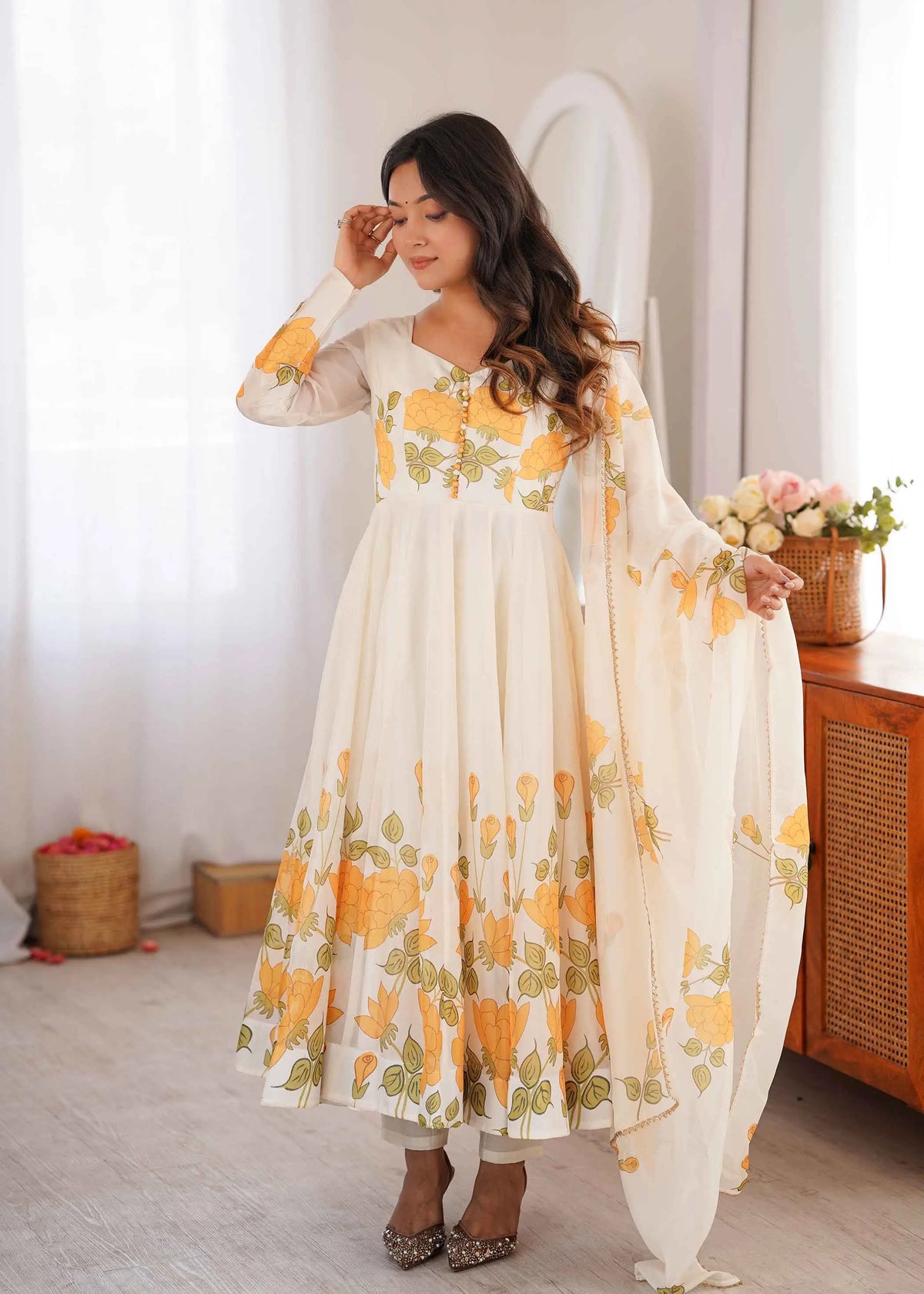 Yellow Organza Floral Print Gown Dupatta