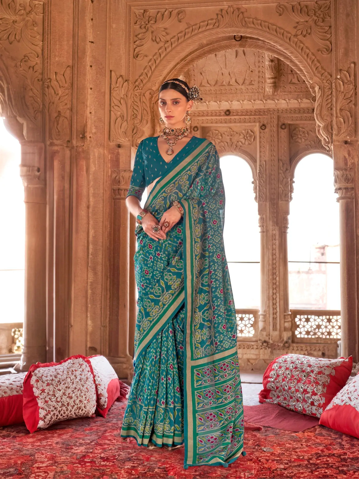 Deep Teal Georgette Patola Saree
