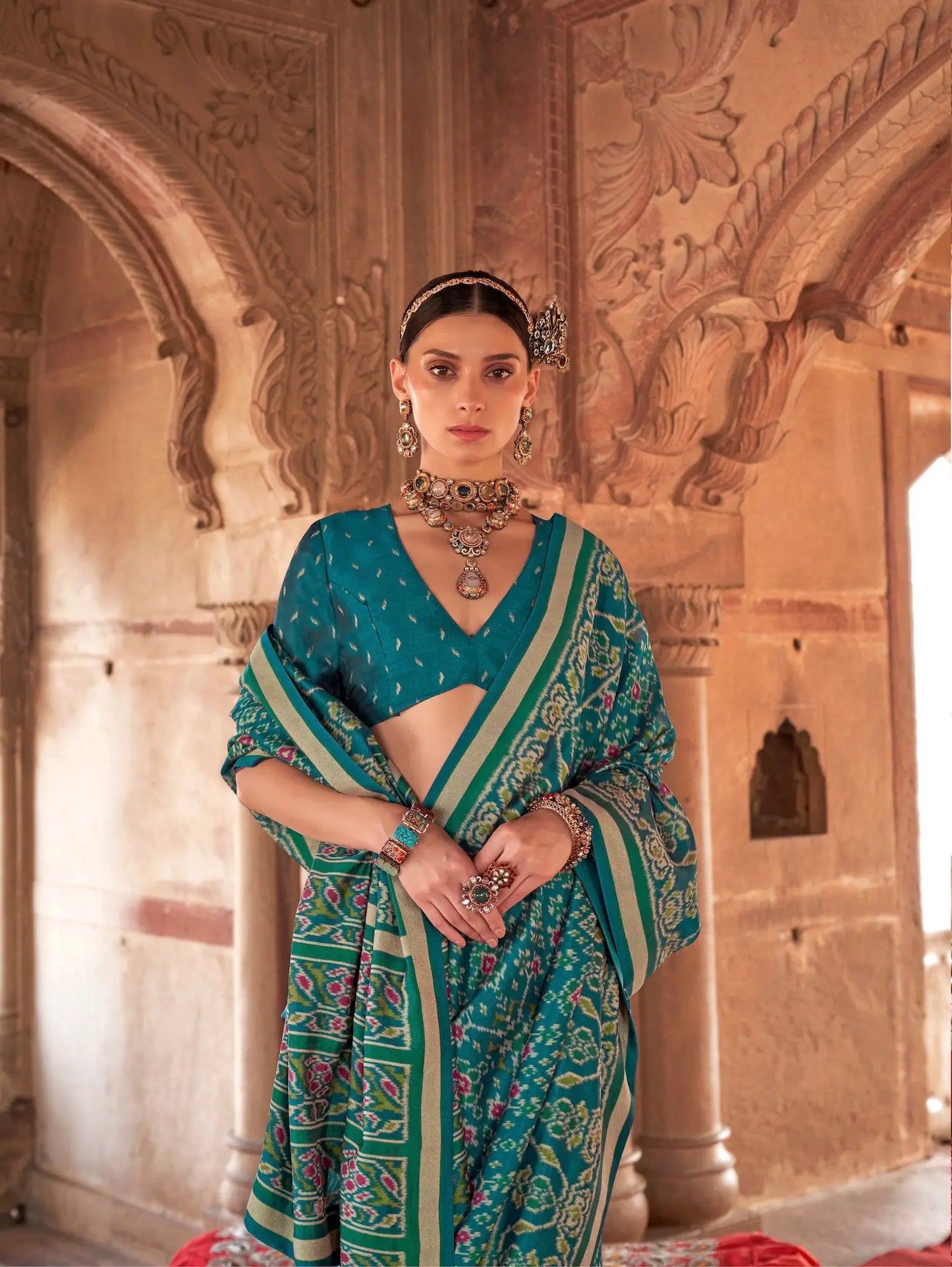 Deep Teal Georgette Patola Saree