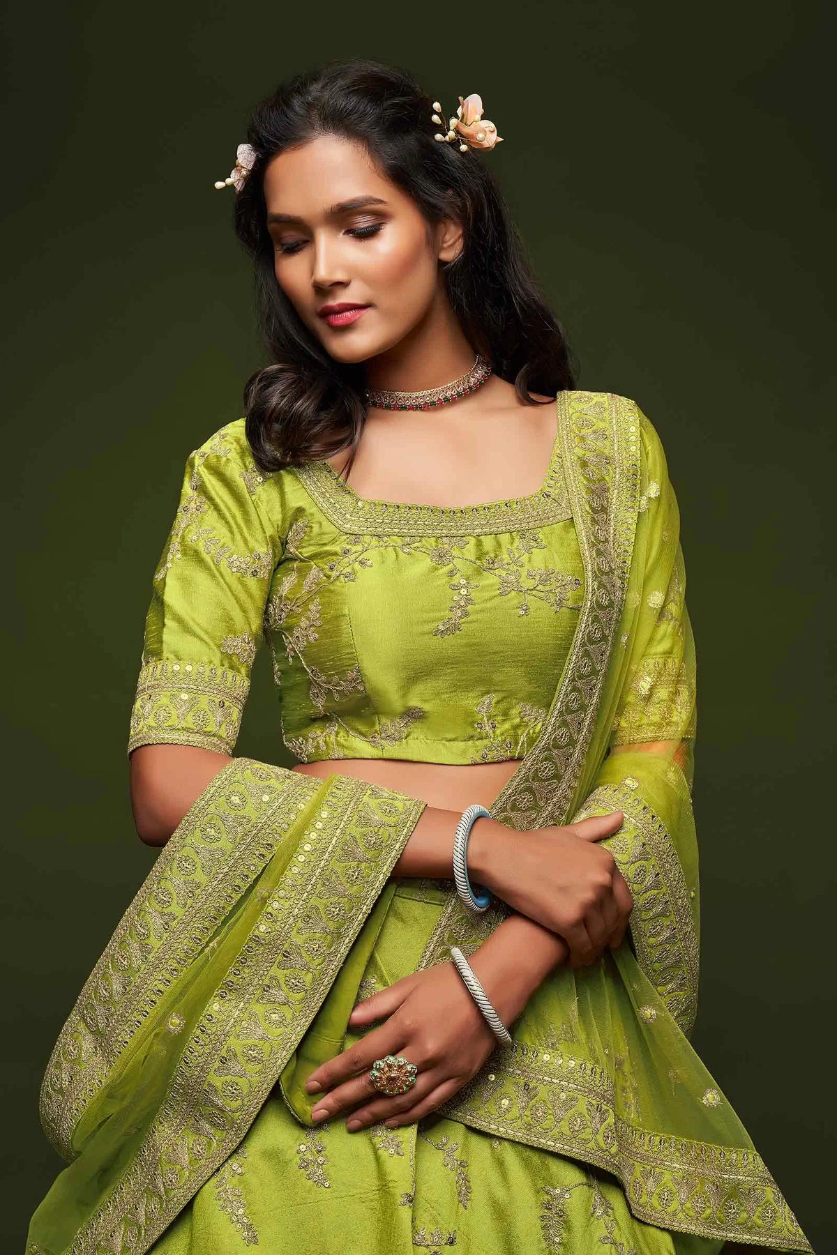 Neon Silk Lehenga Choli With Thread Zari Dori And Sequins Embroidery Work