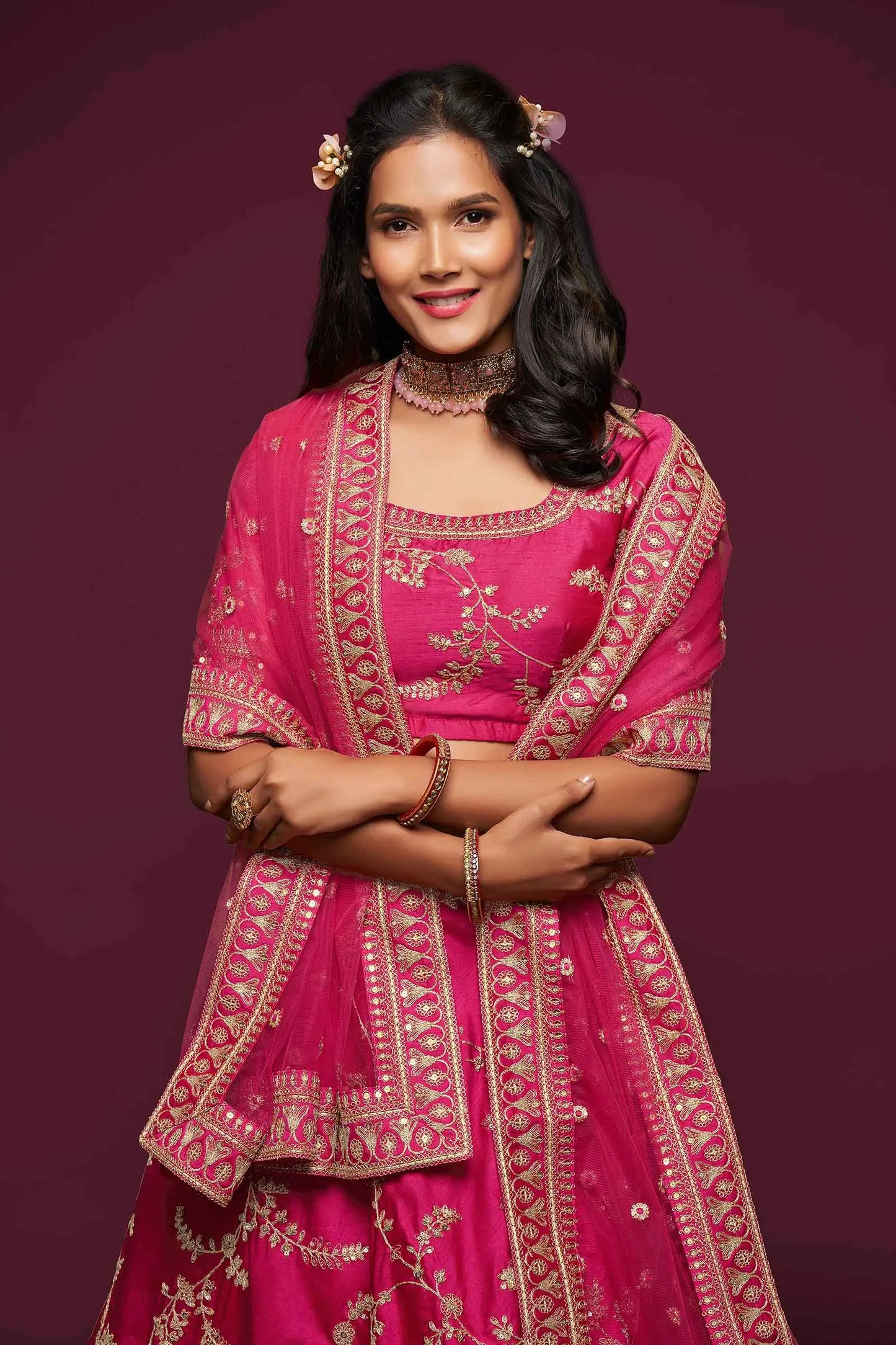 Berry Pink Silk Lehenga Choli With Thread Zari Dori And Sequins Embroidery Work