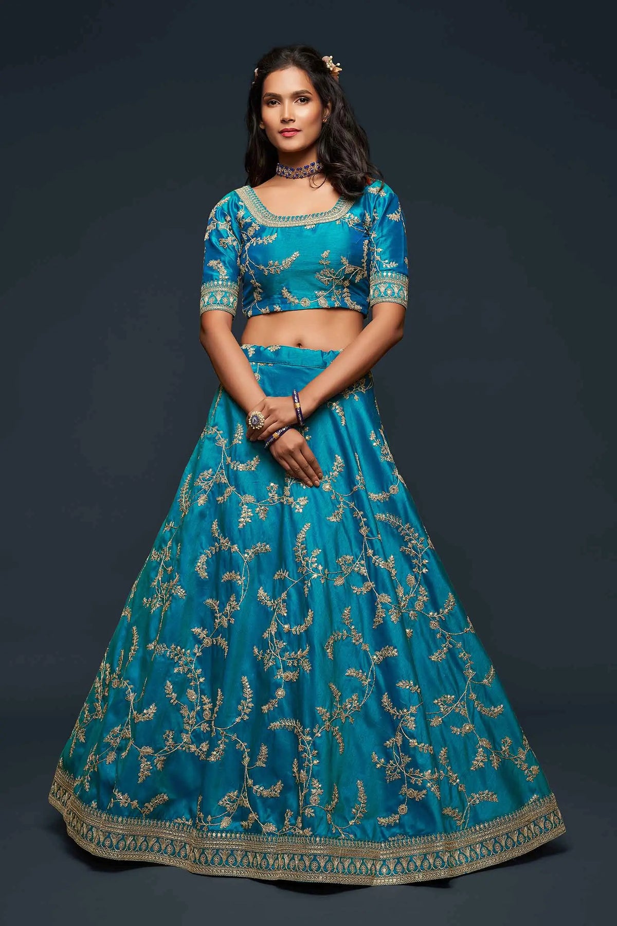 Teal Blue Silk Lehenga Choli With Thread Zari Dori And Sequins Embroidery Work