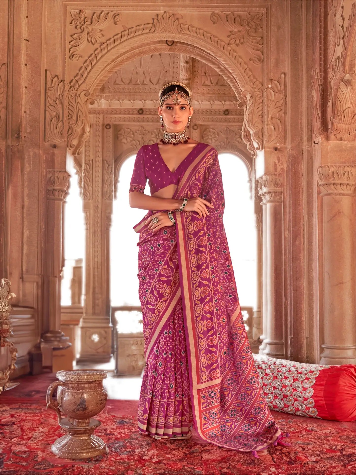 Burnt Pink Georgette Patola Saree