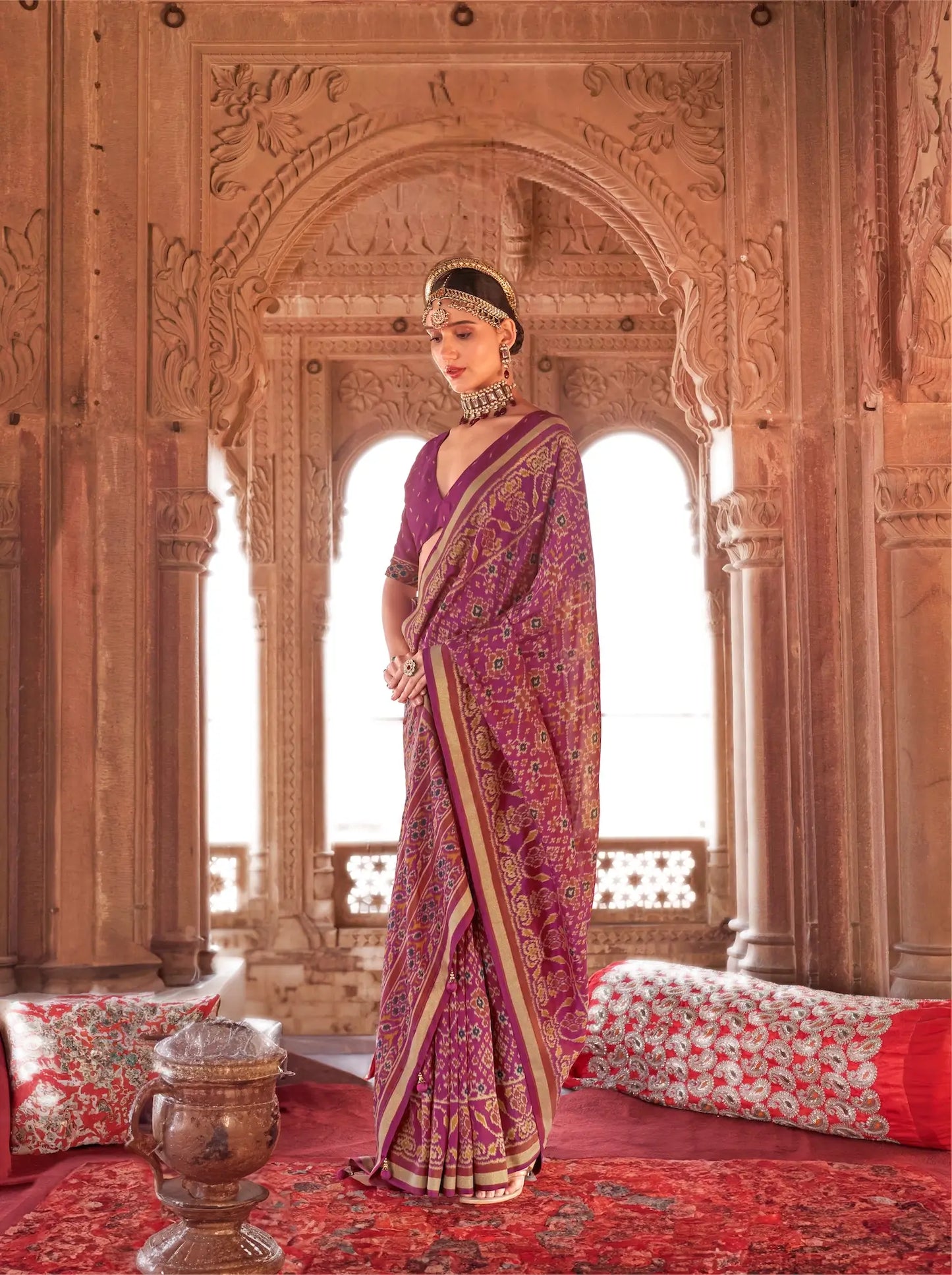 Burnt Pink Georgette Patola Saree