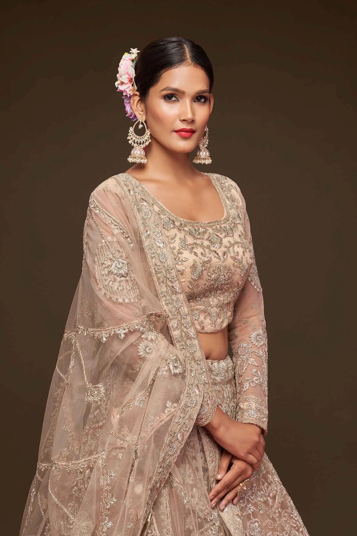 Royal Beige Soft Net Lehenga With Thread Zari Badla And Glitter Dori Embroidery Work