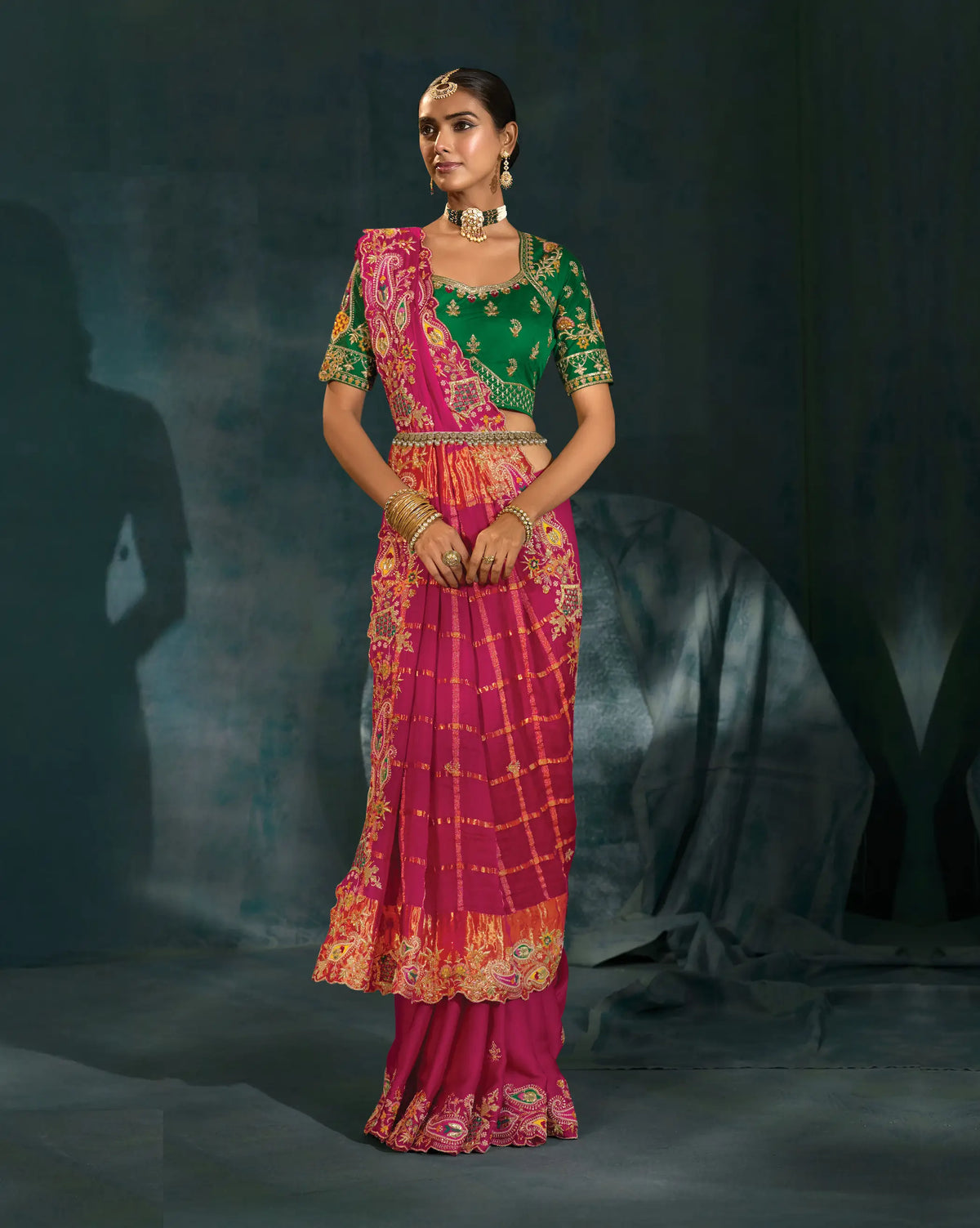 Rani Pink Heavy Embroidery & Hand Work Silk Saree