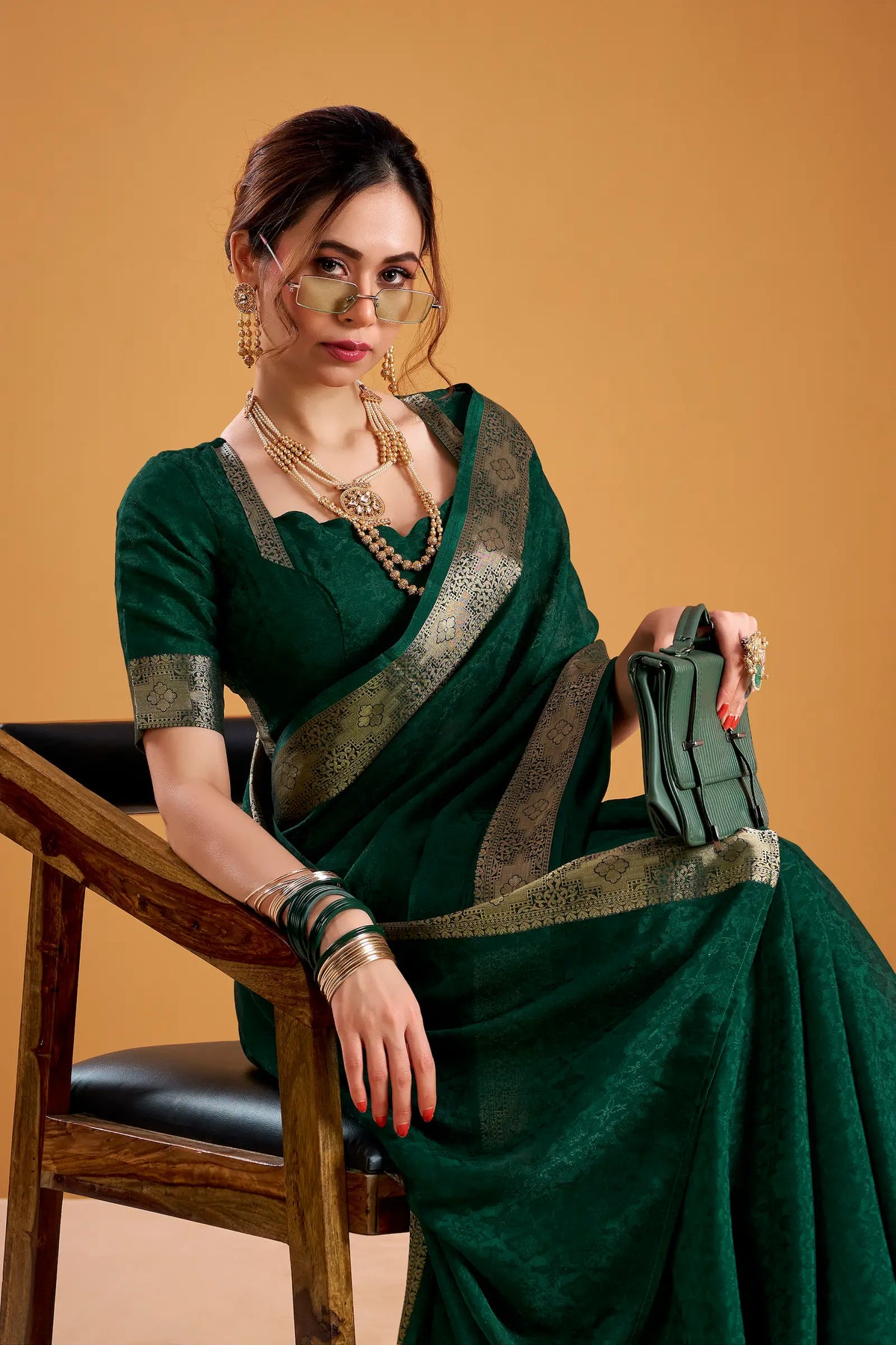 Dark Green Poly Shimmer Zari Weaving Saree