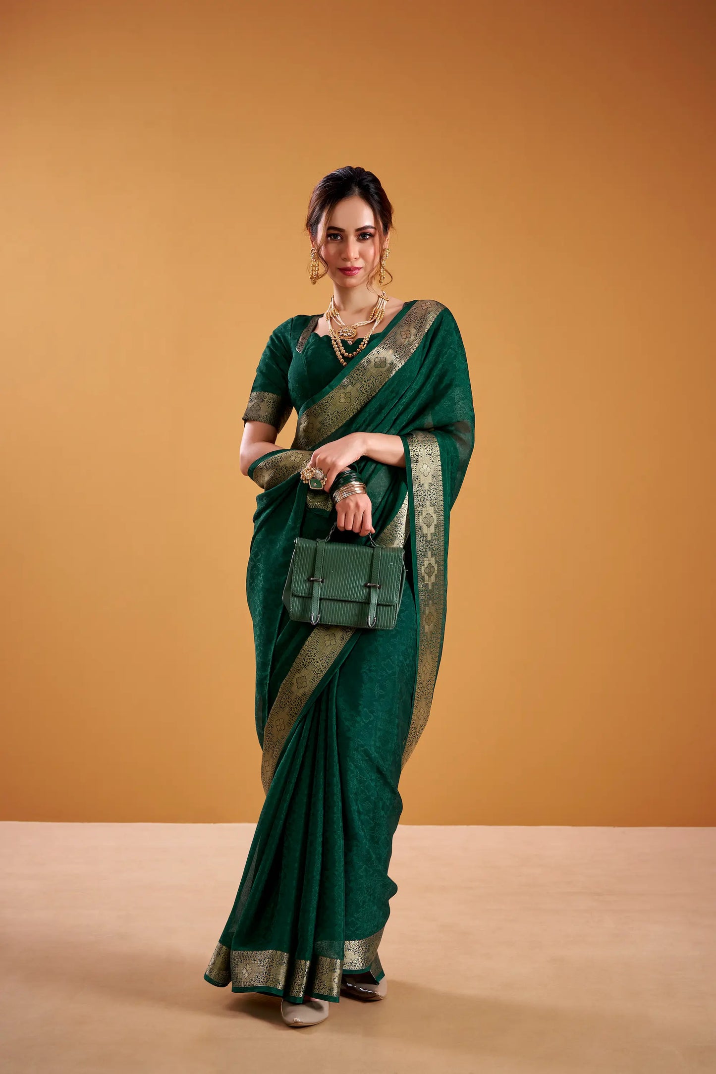Dark Green Poly Shimmer Zari Weaving Saree