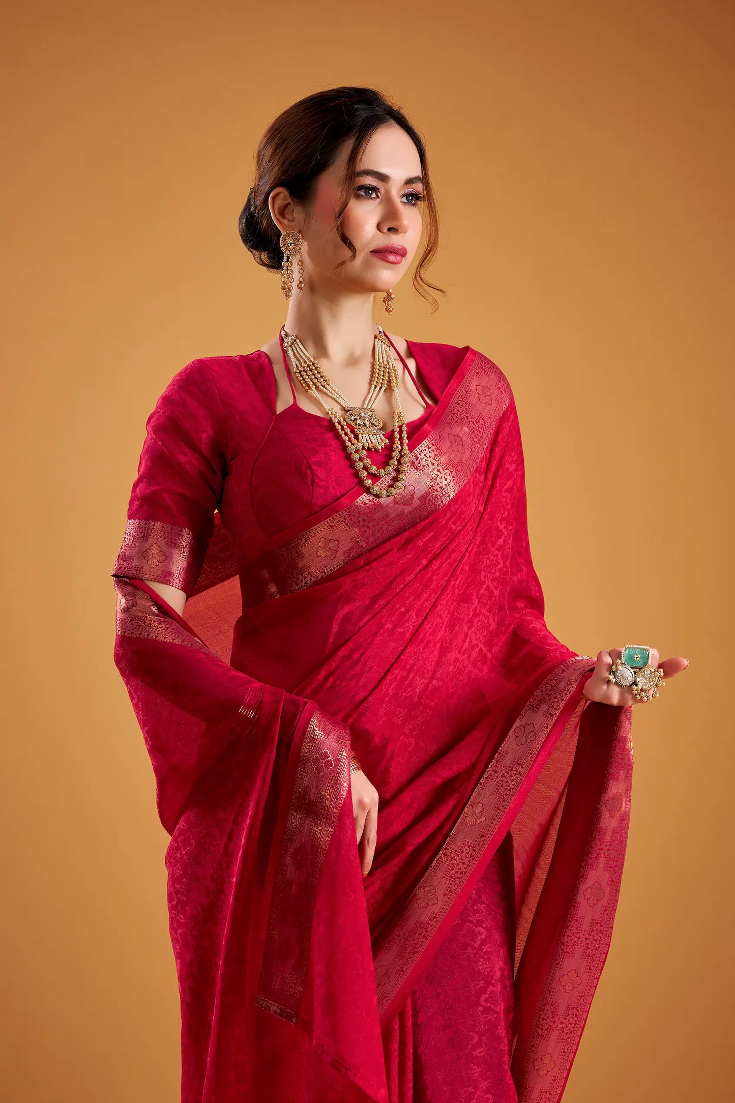 Rose Red Poly Shimmer Zari Weaving Saree