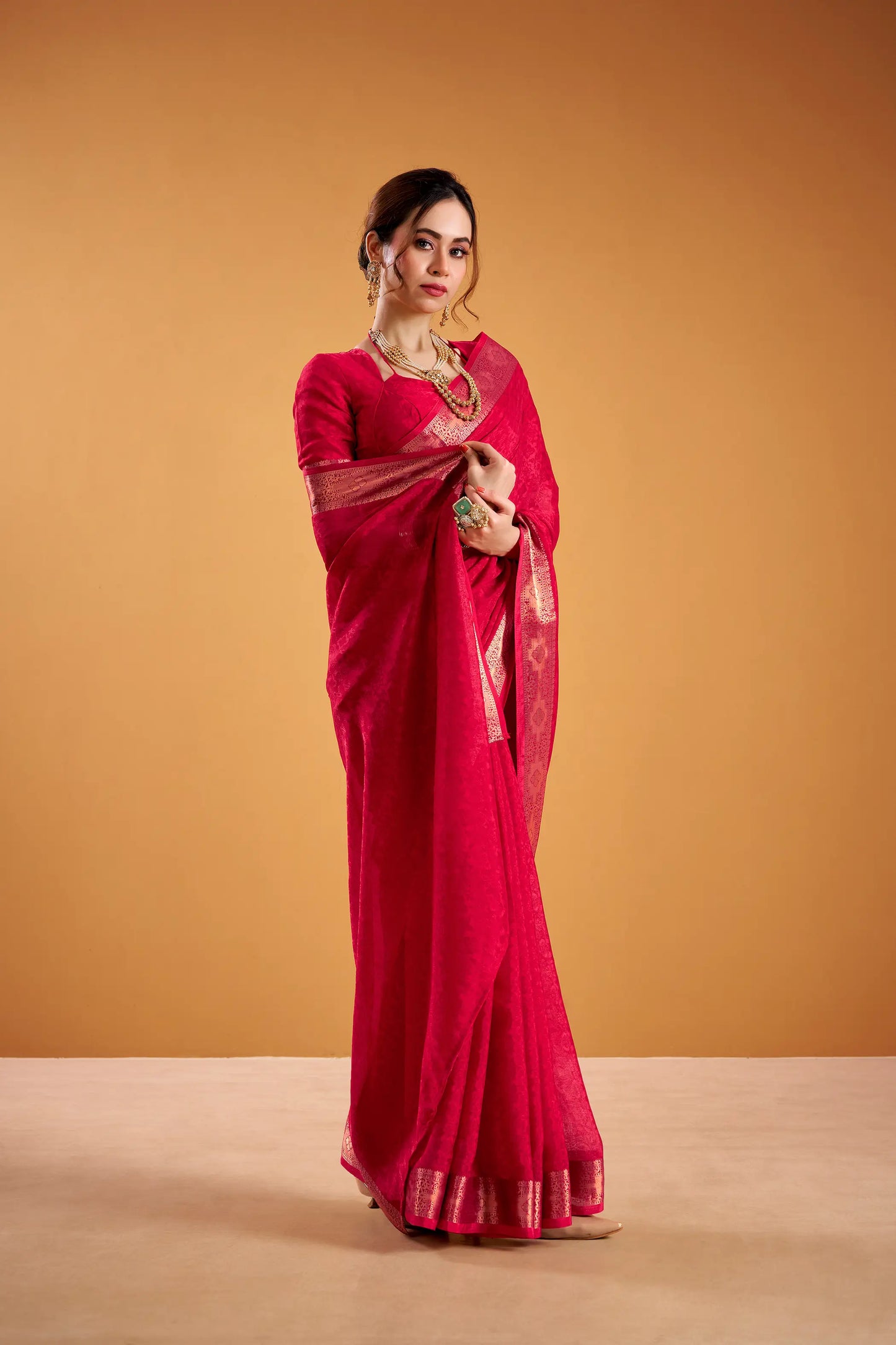 Rose Red Poly Shimmer Zari Weaving Saree