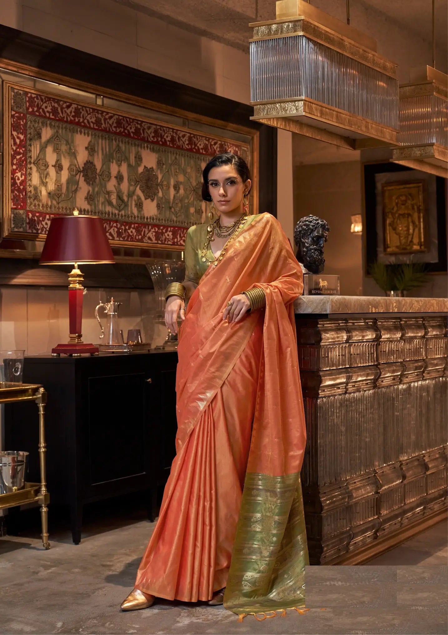 Orange Silk Saree With Contrast Ikkat Design Pallu