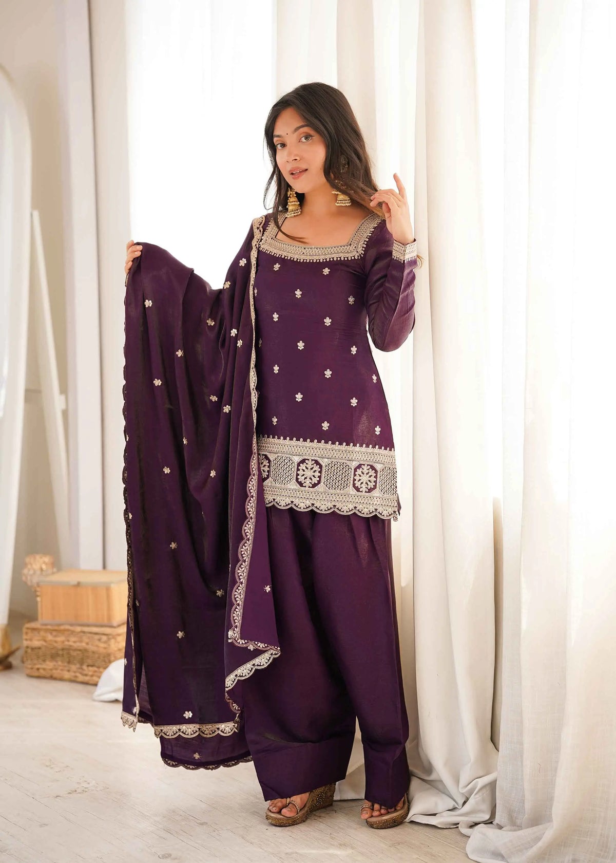 Plum Purple Embroidered Silk Salwar Suit