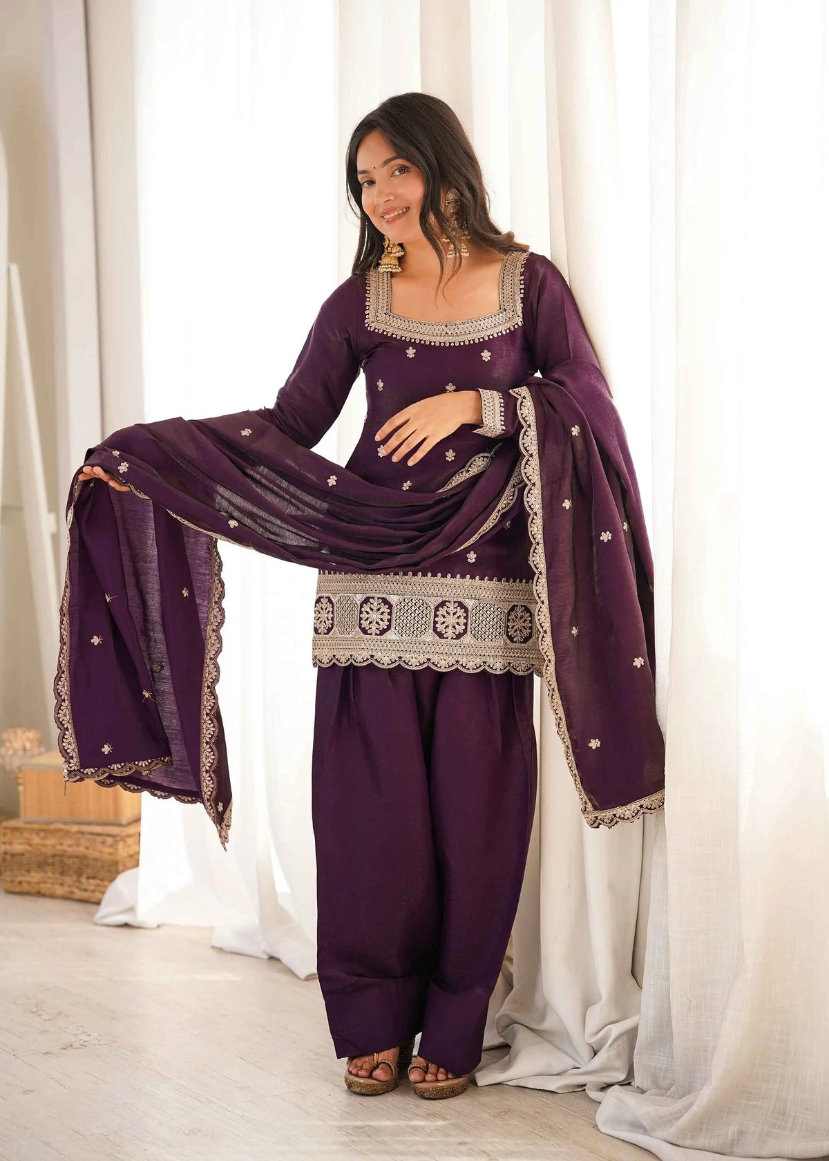 Plum Purple Embroidered Silk Salwar Suit