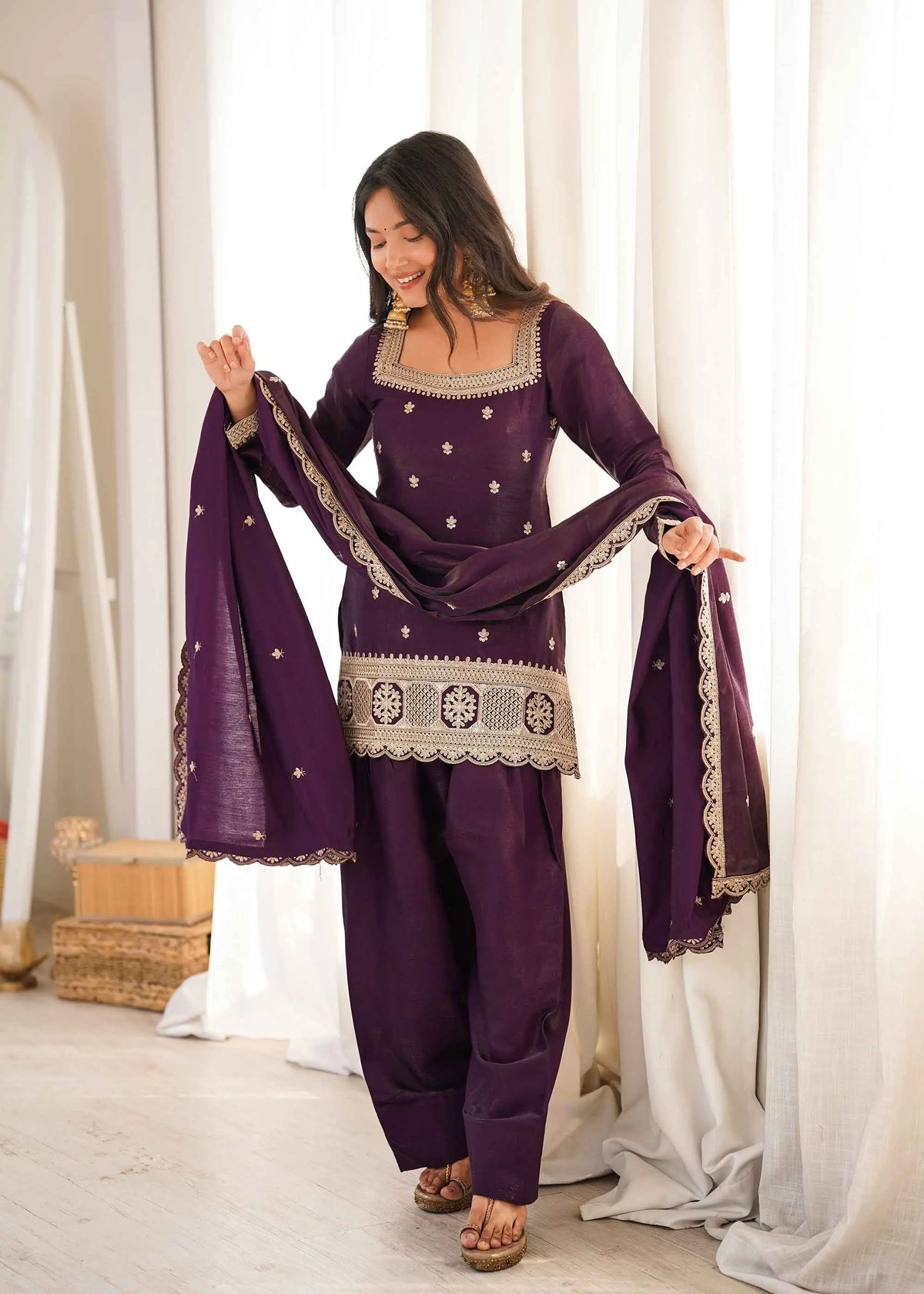 Plum Purple Embroidered Silk Salwar Suit