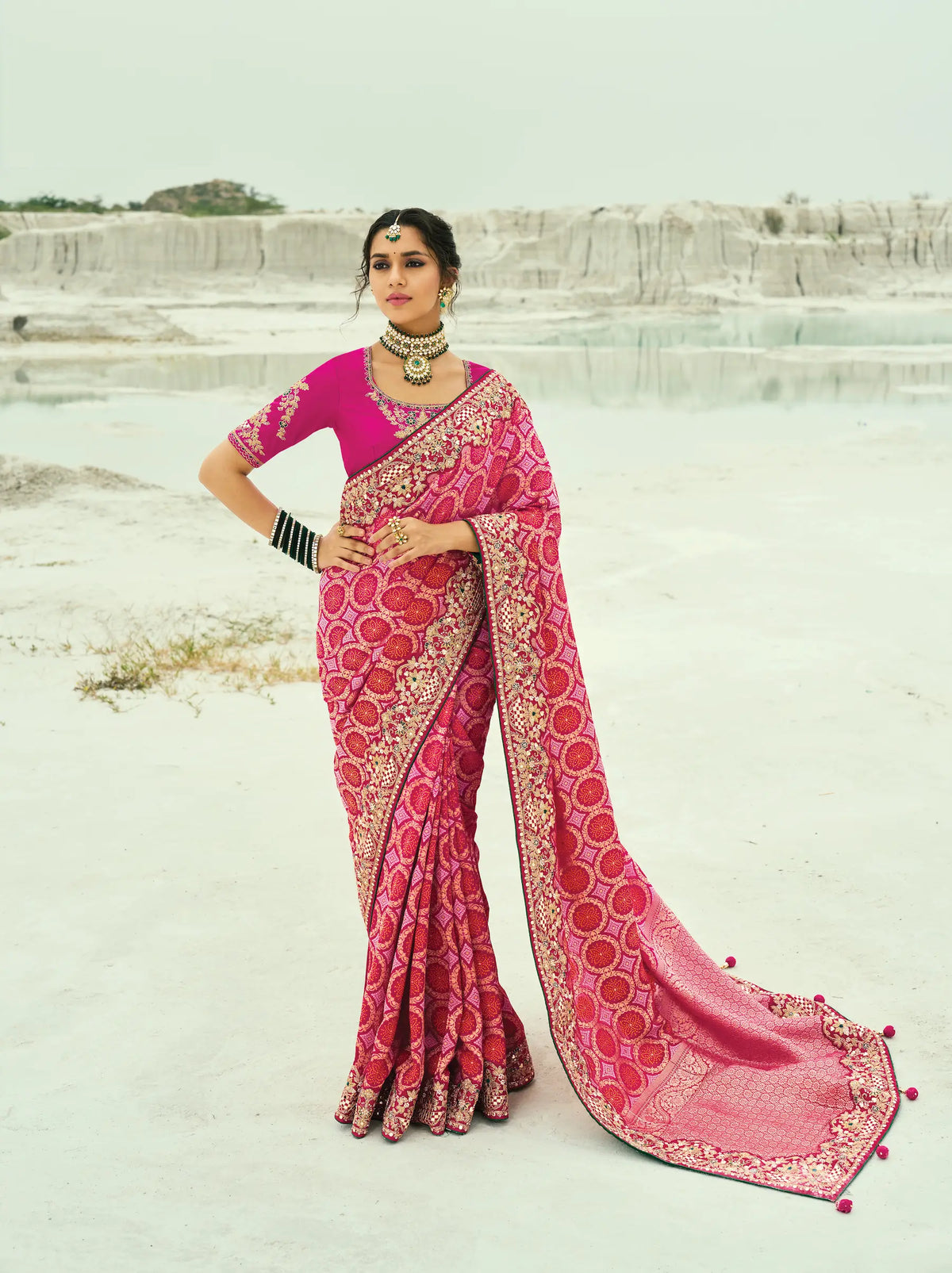 Red-Rani Pink Georgette Heavy Embroidered Bandhej Saree