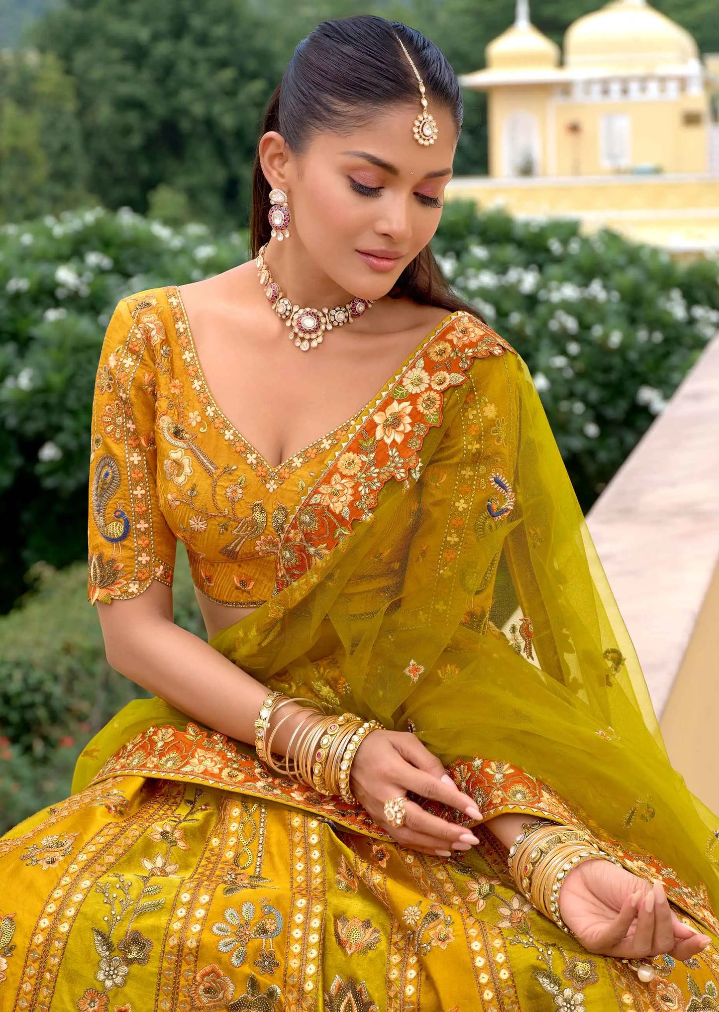Golden Heavy Embroidery Sequins Lotus Work Lehenga
