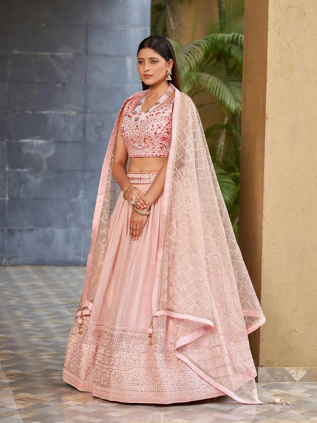 Light Pink Georgette Lehenga With Multi Color Thread And Sequins Zari Embroidery With Real  Mirror Work