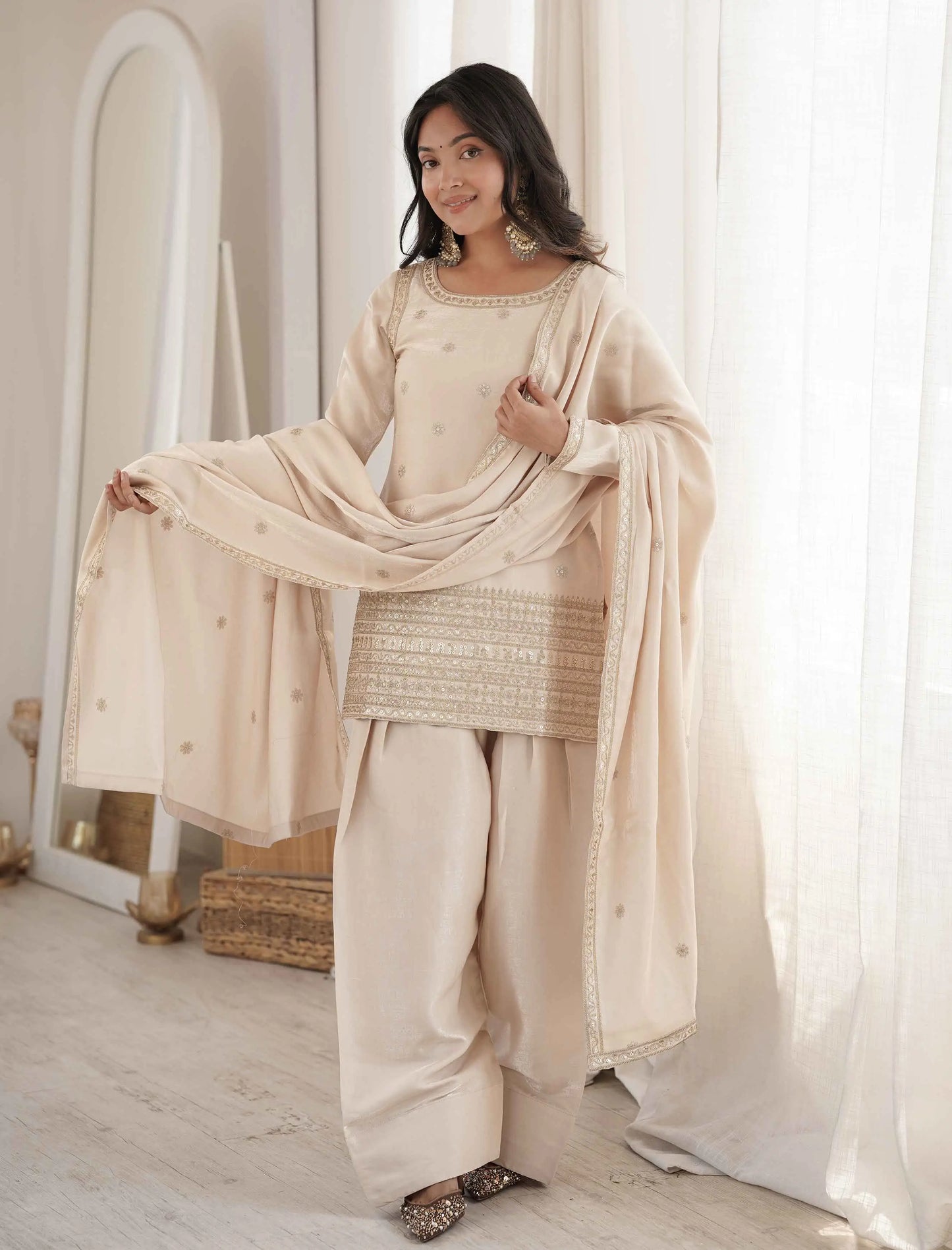 Beige Embroidered Silk Salwar Suit