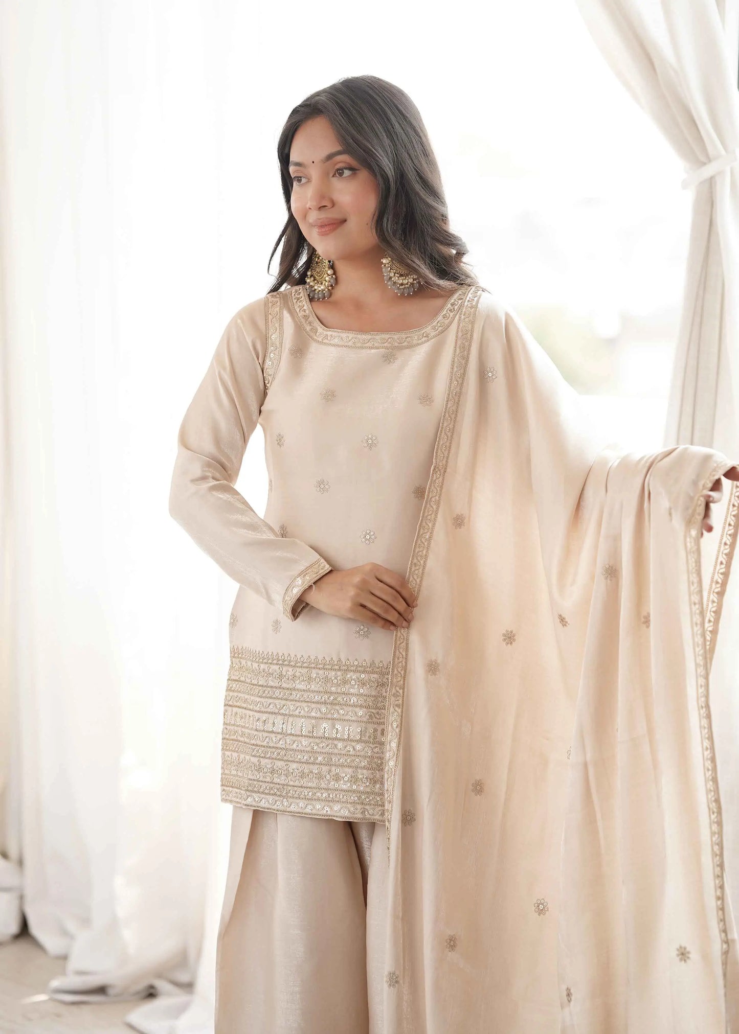 Beige Embroidered Silk Salwar Suit