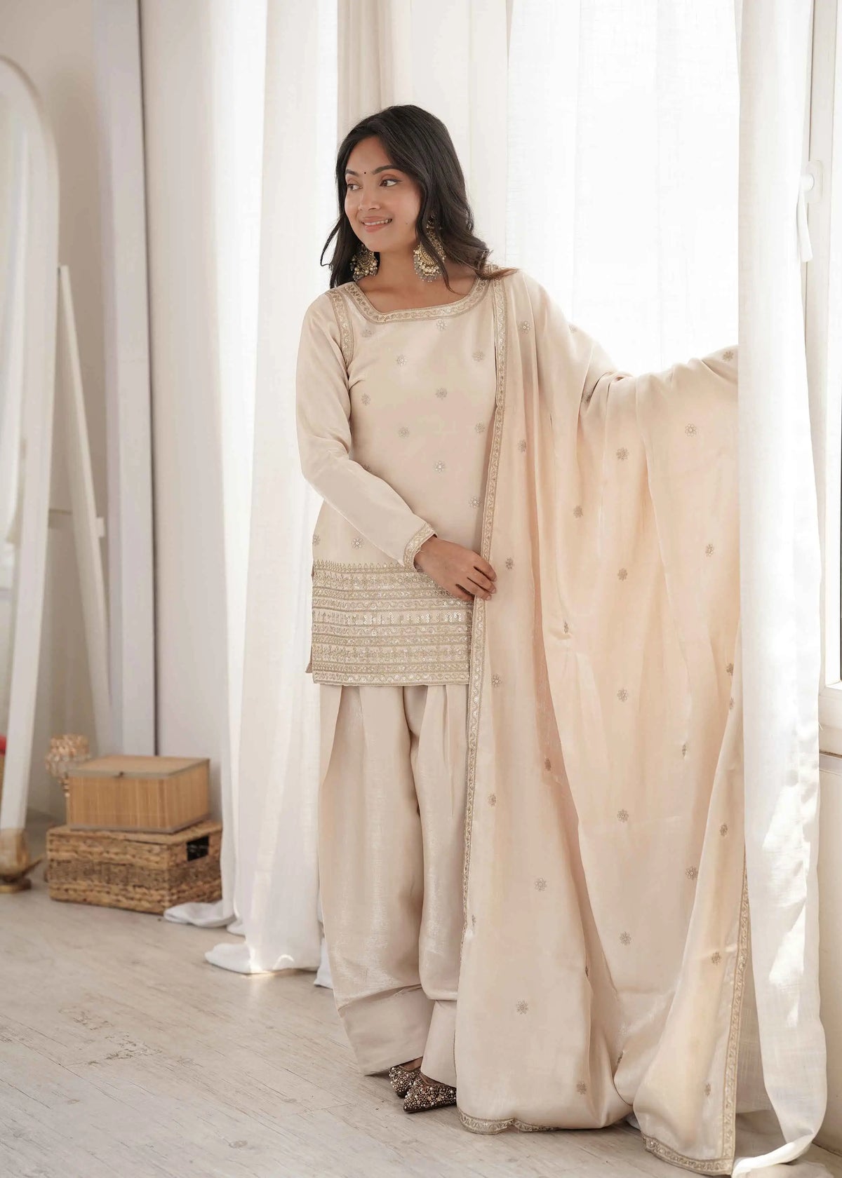 Beige Embroidered Silk Salwar Suit