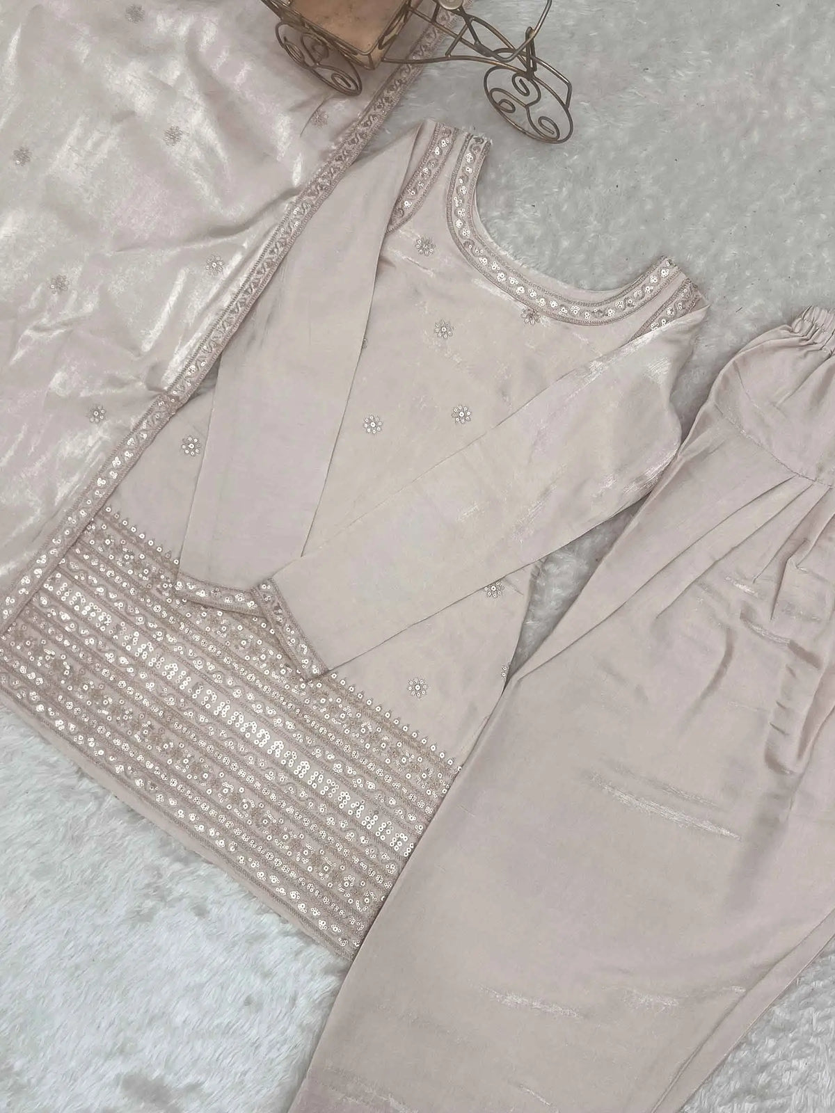 Beige Embroidered Silk Salwar Suit