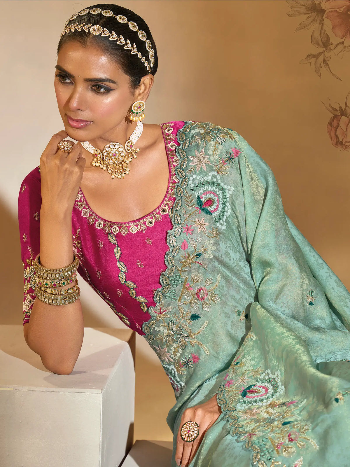 Sea Green Silk Heavy Embroidery & Hand Work Saree