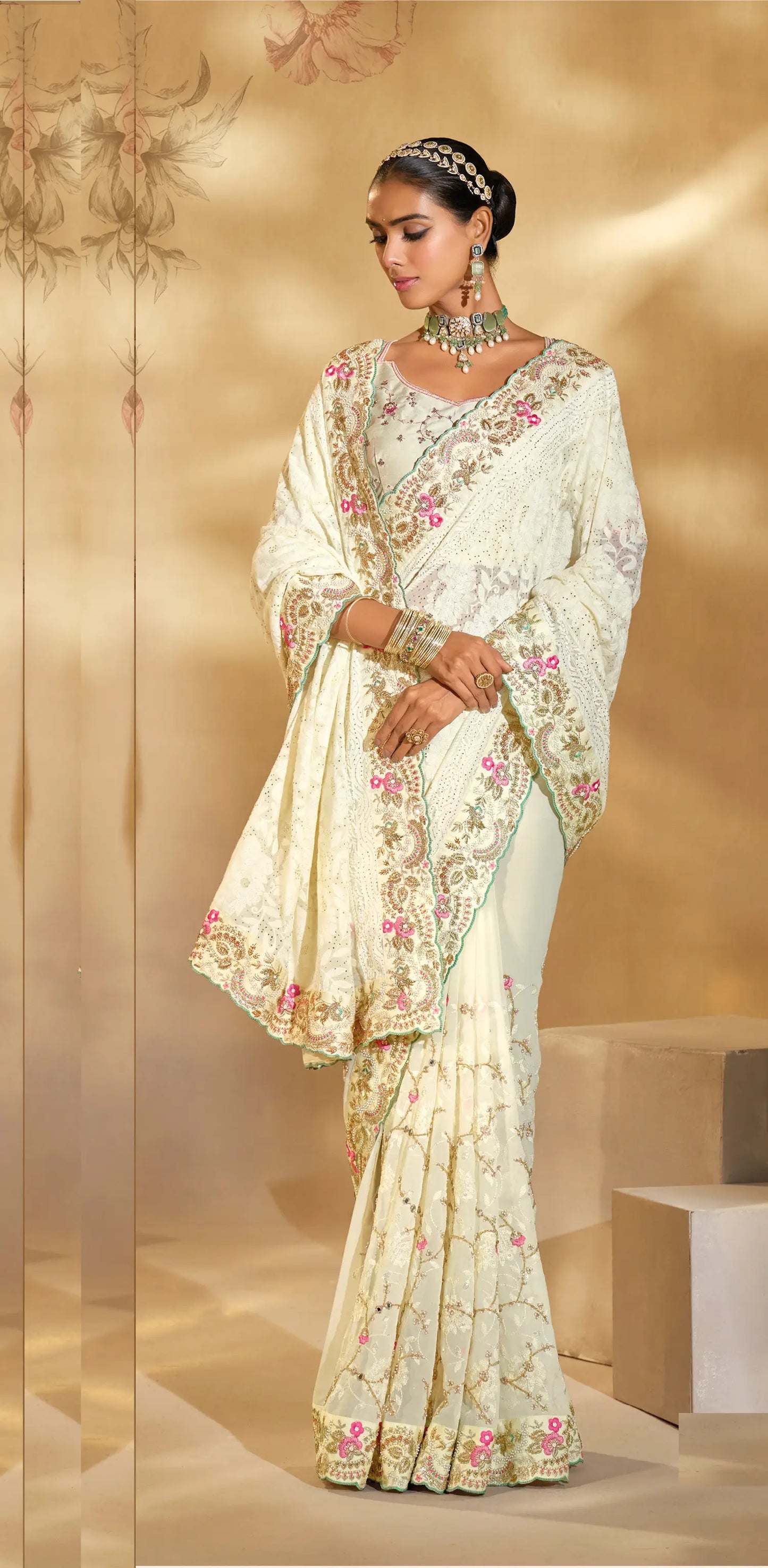 Off White Georgette Heavy Embroidery & Hand Work Saree