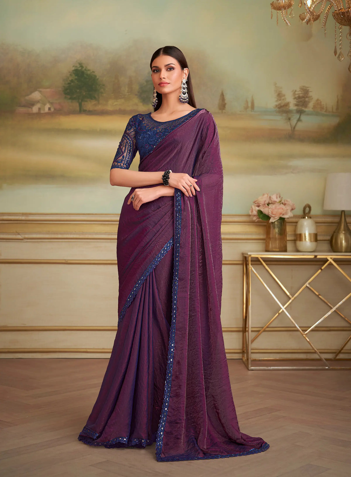 Wine Berry Twilight Georgette Embroidery Saree