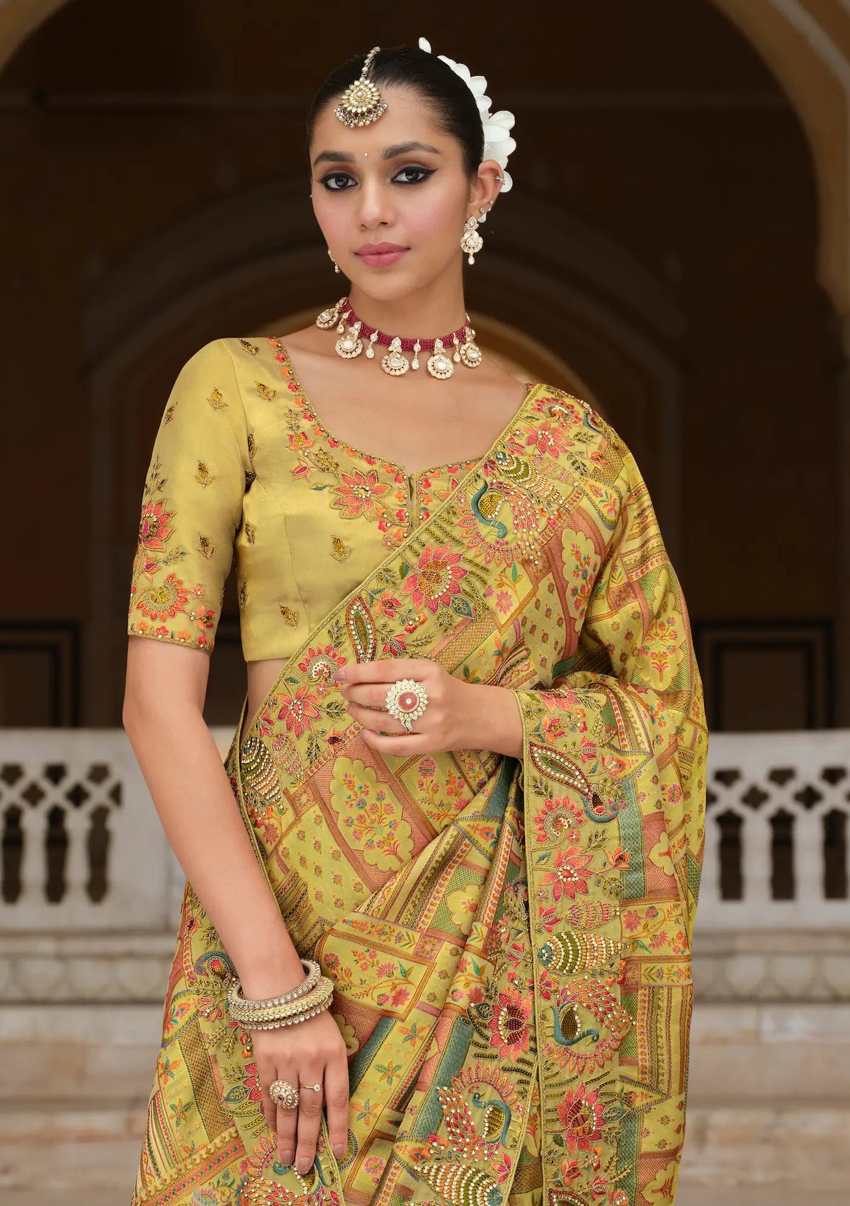 Ginger Yellow Heavy Embroidery Zari Silk Saree
