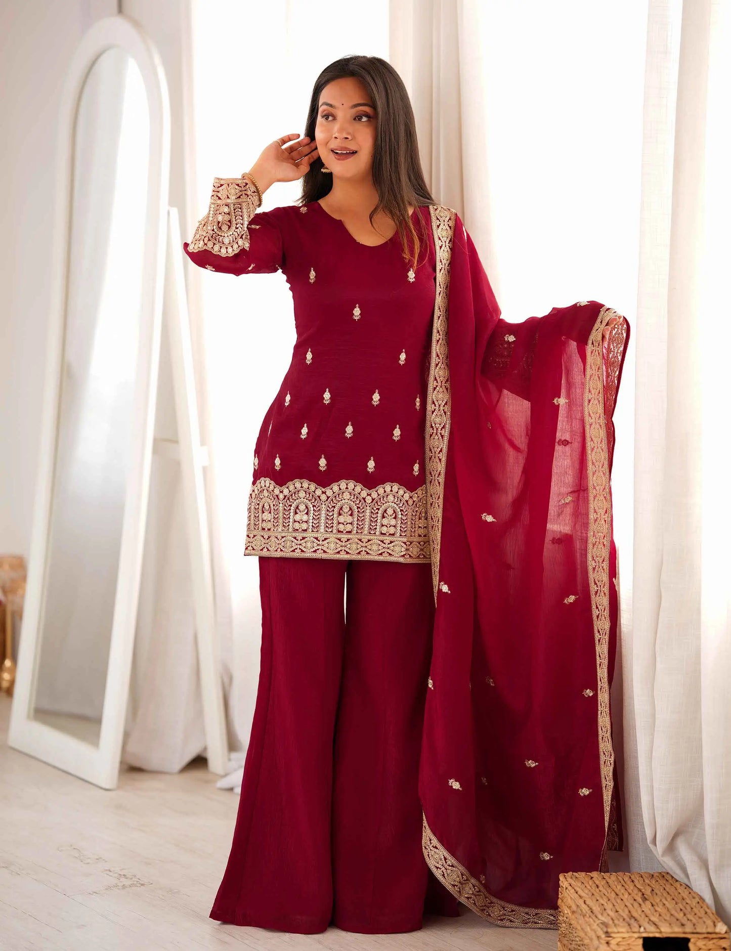 Maroon Embroidered Silk Salwar Suit