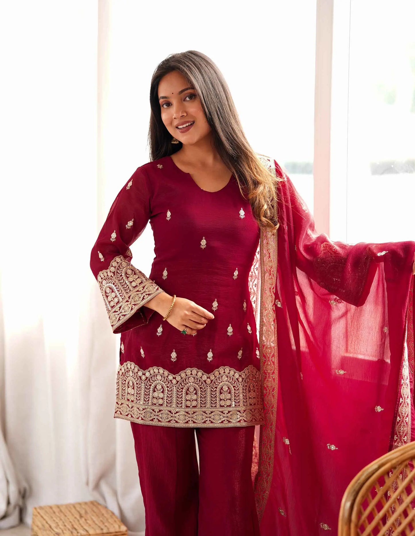 Maroon Embroidered Silk Salwar Suit