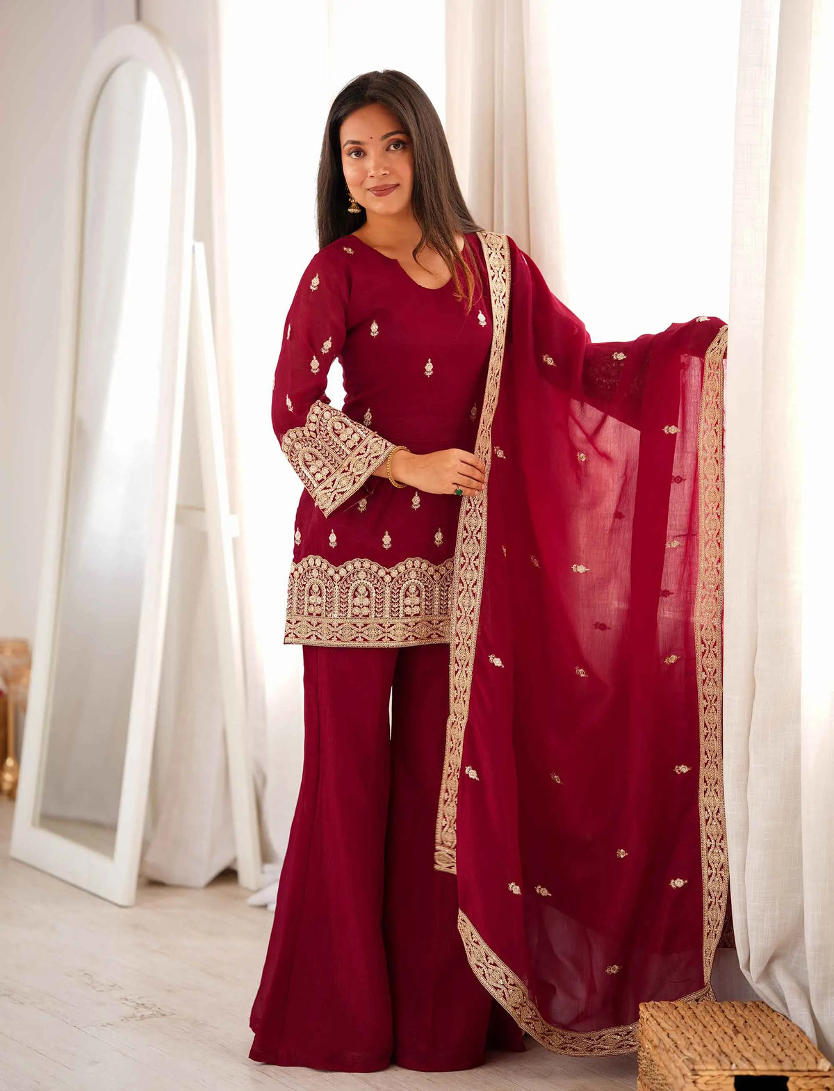 Maroon Embroidered Silk Salwar Suit