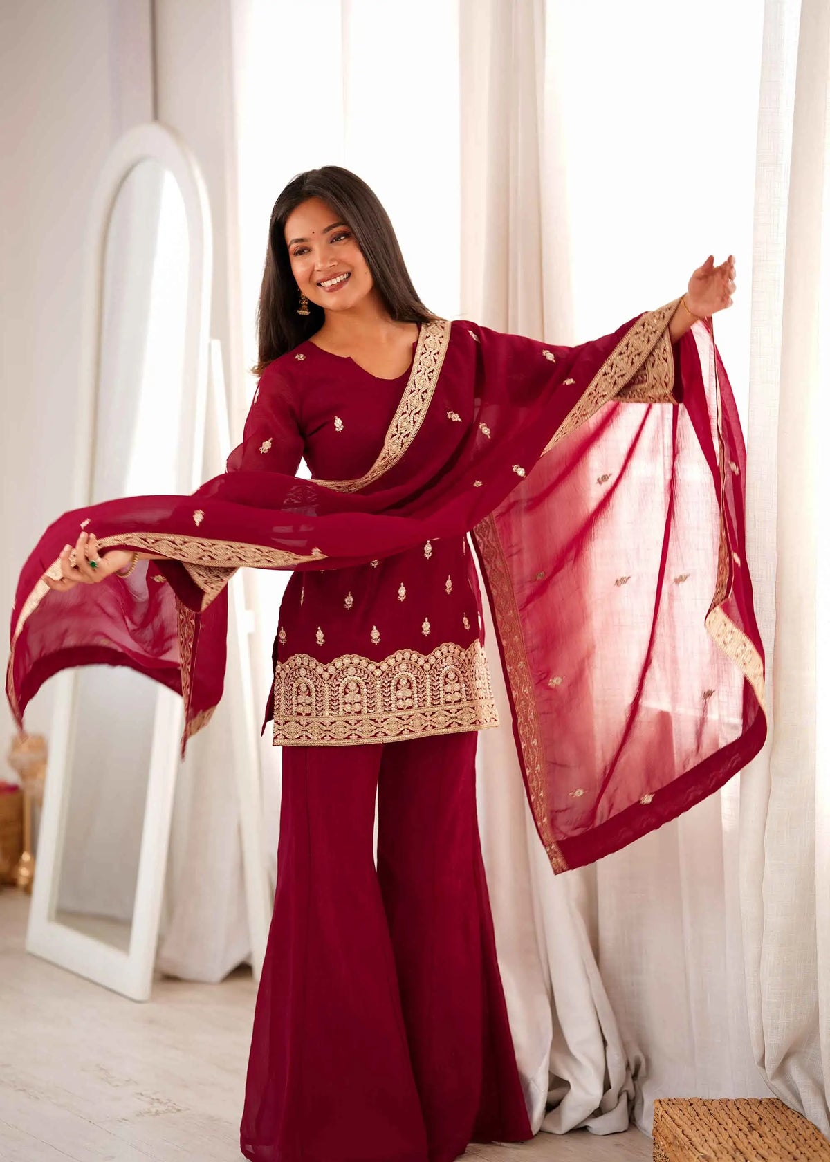 Maroon Embroidered Silk Salwar Suit