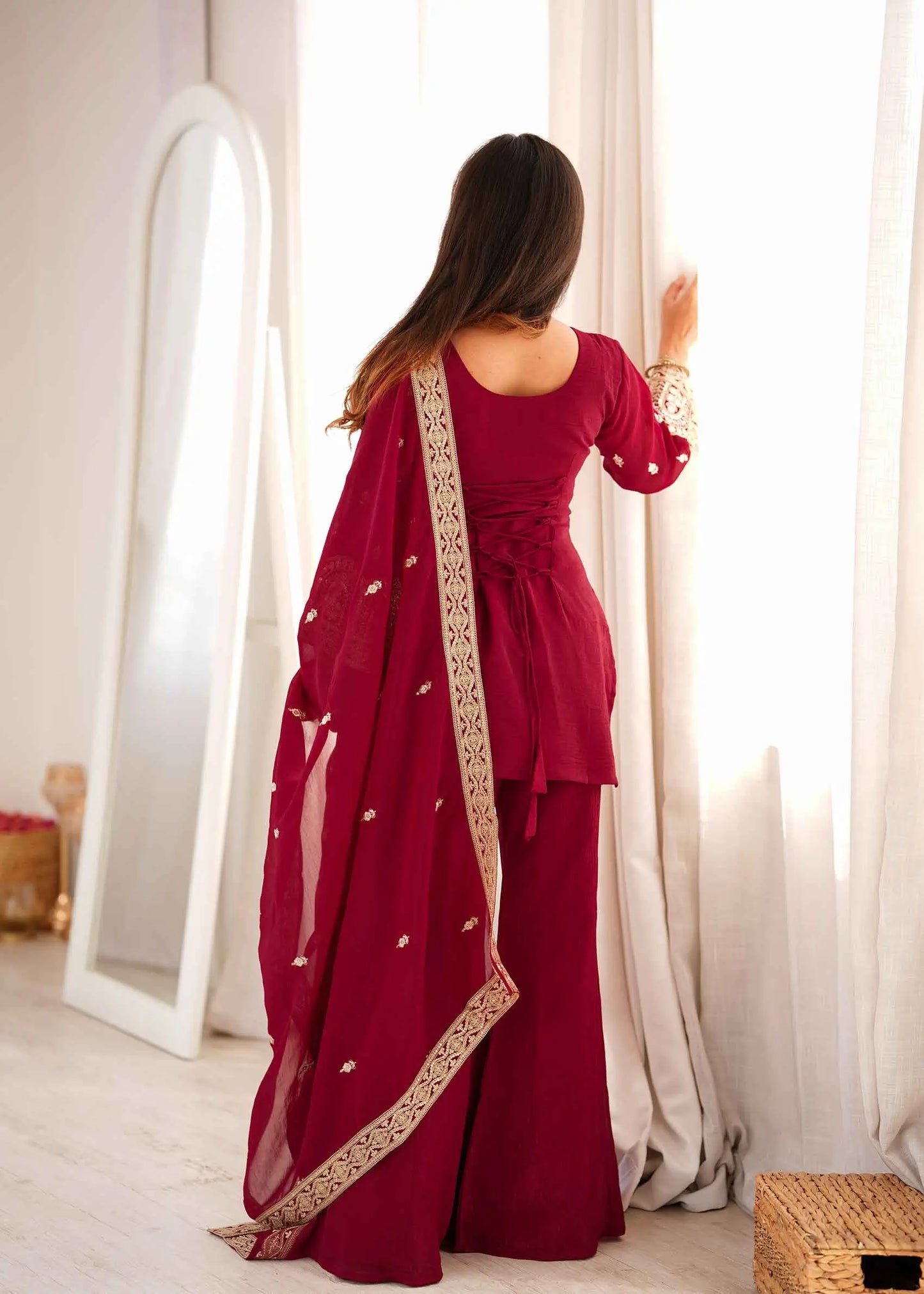 Maroon Embroidered Silk Salwar Suit