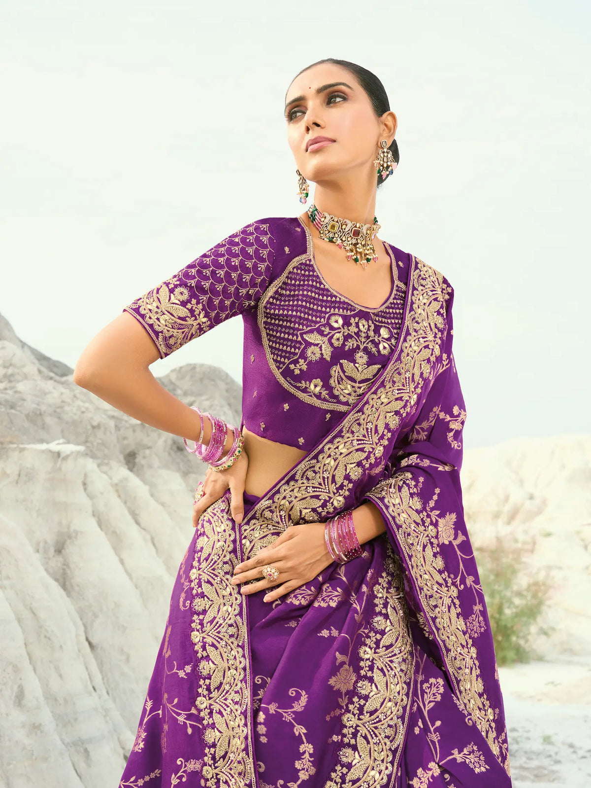Dark Purple Dola Silk Heavy Embroidery Saree