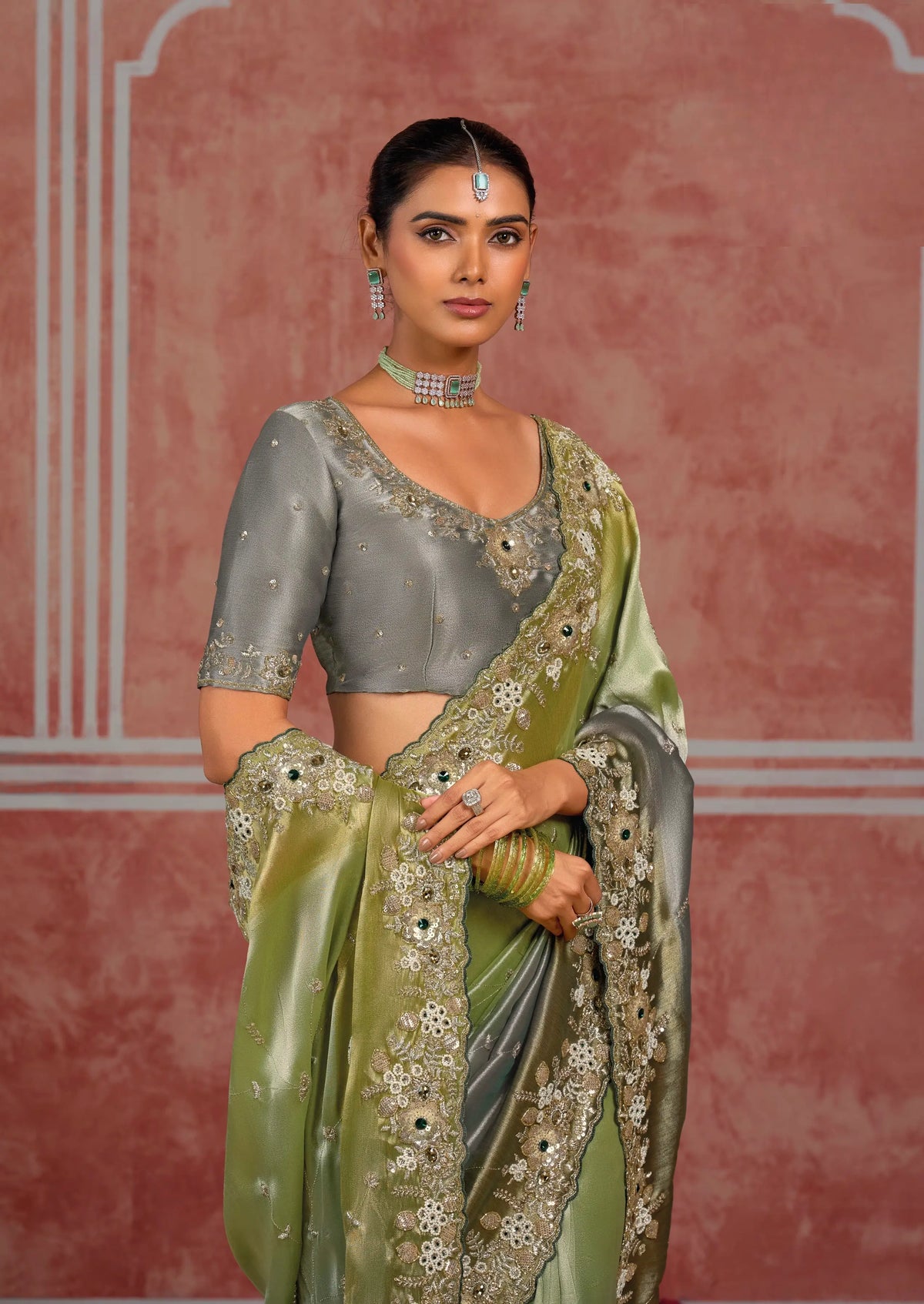 Green-Grey Silk Heavy Embroidery Saree
