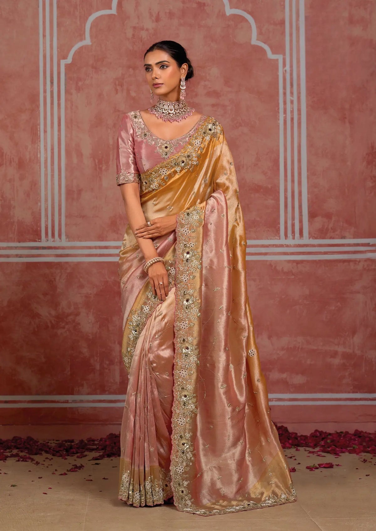 Golden-Pink Silk Heavy Embroidery Saree