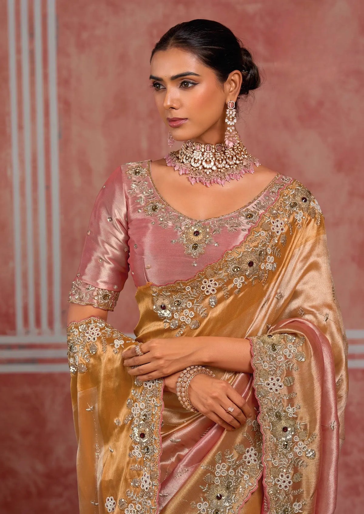Golden-Pink Silk Heavy Embroidery Saree