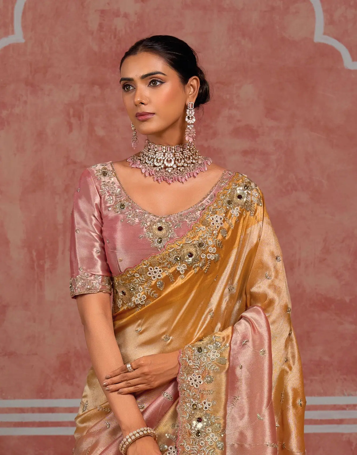 Golden-Pink Silk Heavy Embroidery Saree